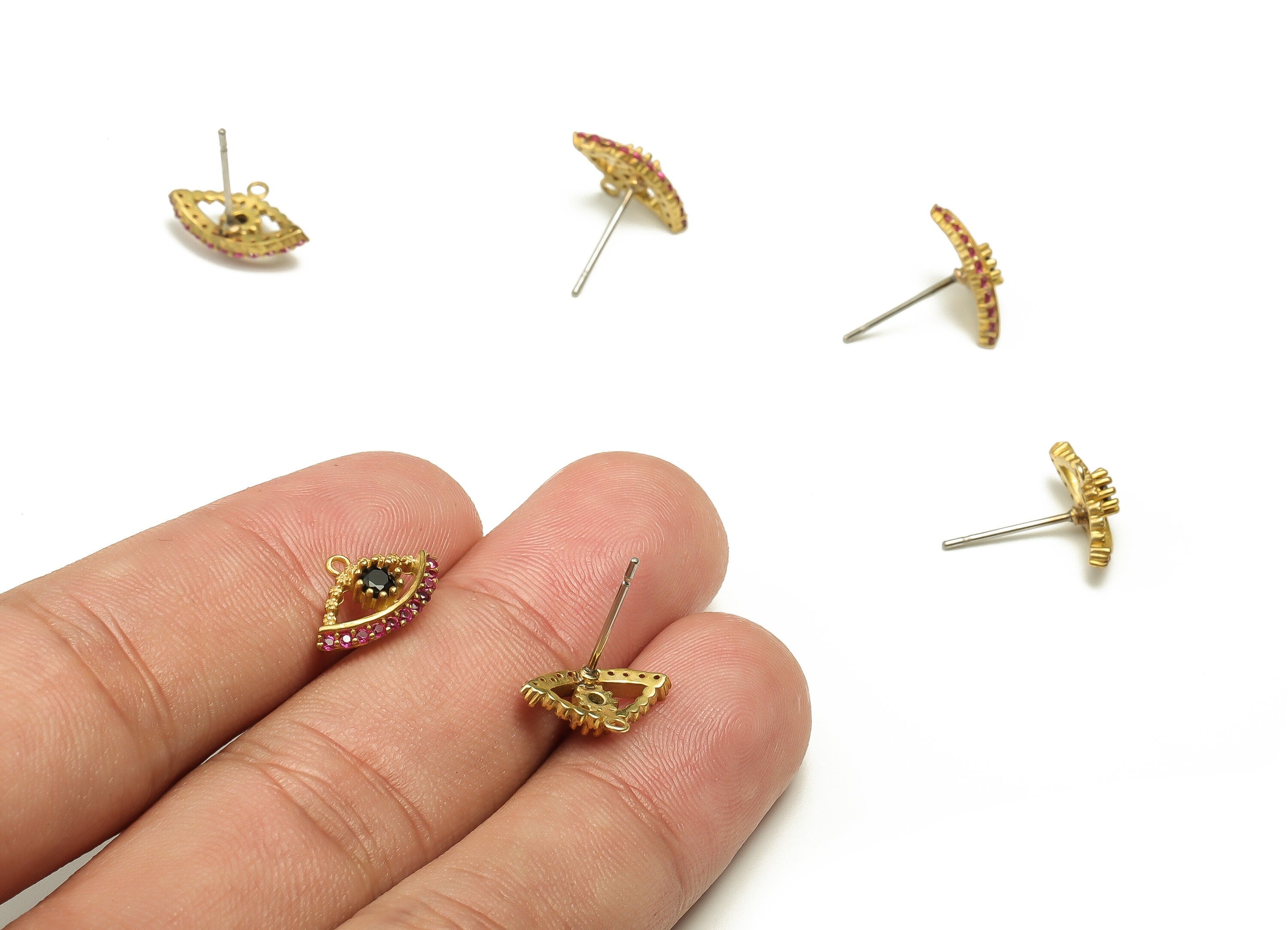 Brass Eyes Earring Stud With Zircons - Raw Brass Eyes Post - Brass Stud - Earring Finding - Jewelry Supplies - 13.67x8.63x3.64mm - PP4554 - DOMEDBAZAAR