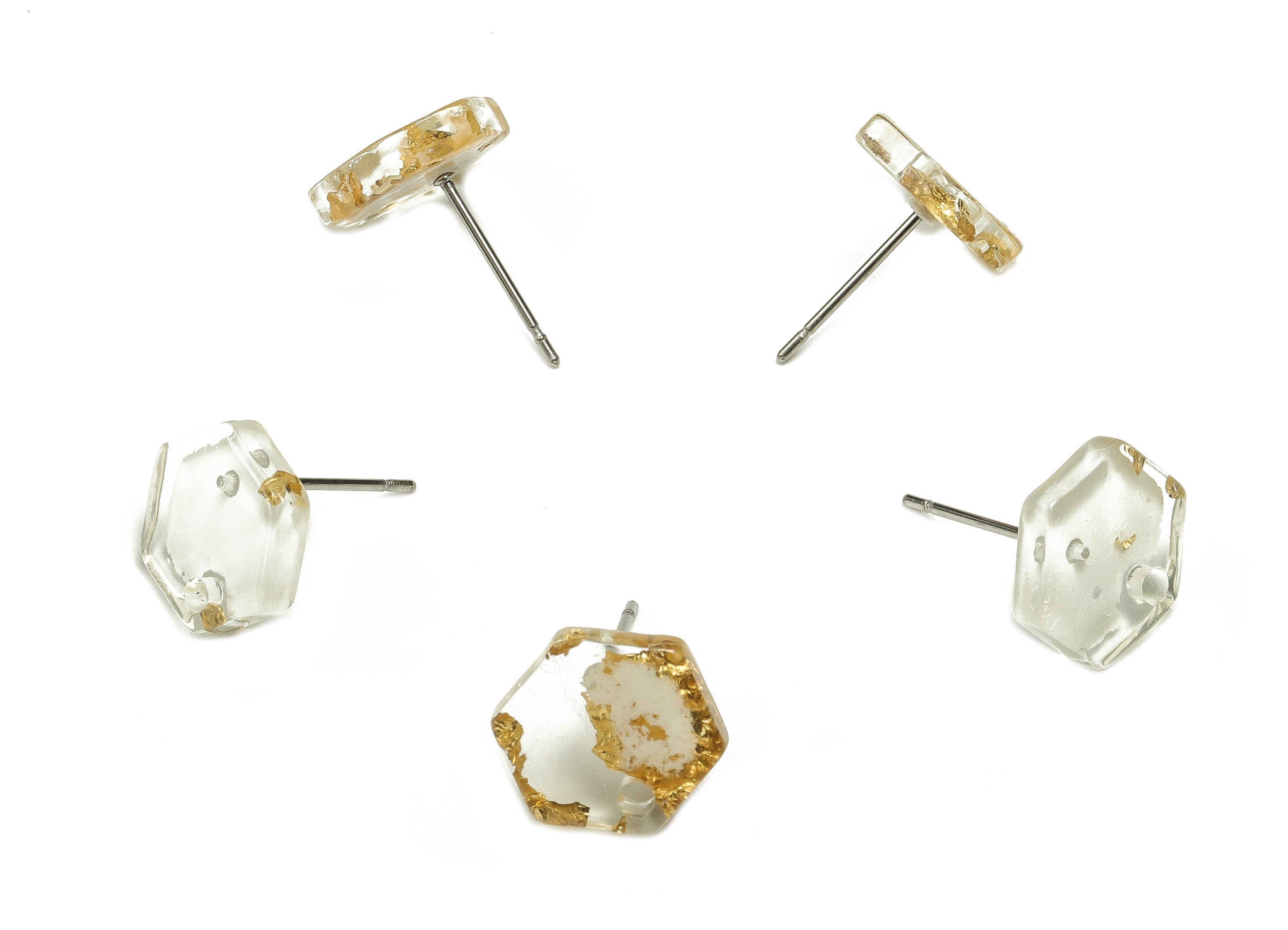 Acrylic Hexagon Earring Stud - Hexagon Post - Gold Foil & Confetti - Jewelry Supplies - Color Code: A255 - 12.36x11.81x2.36mm - AC1633-A255 - DOMEDBAZAAR