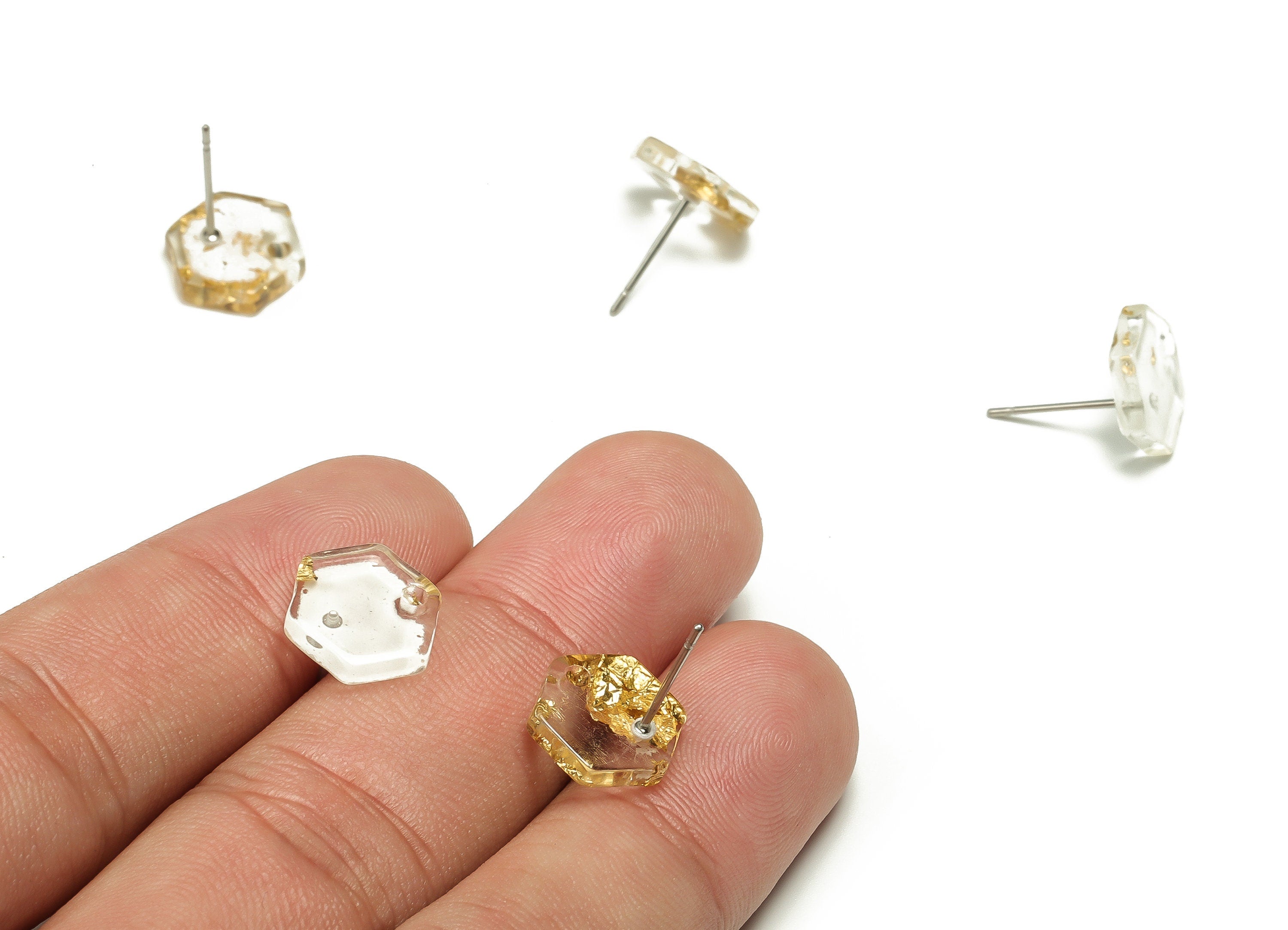 Acrylic Hexagon Earring Stud - Hexagon Post - Gold Foil & Confetti - Jewelry Supplies - Color Code: A255 - 12.36x11.81x2.36mm - AC1633-A255 - DOMEDBAZAAR