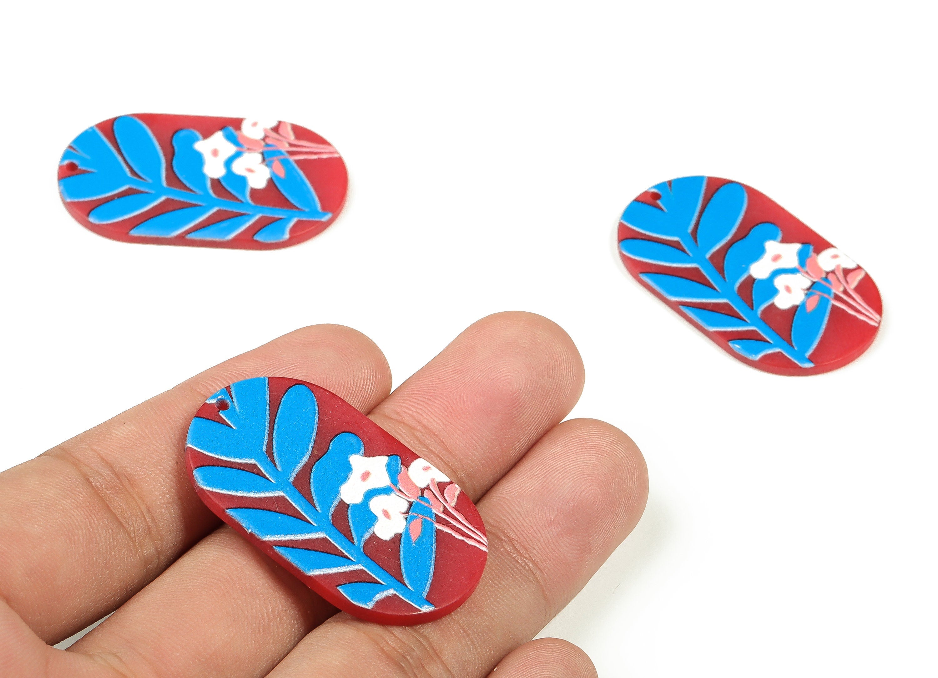 Acrylic Oval Earrings Charms - Acrylic Oval Blue Leaves Pendant - Jewelry Supplies - Earring Findings - 39.62x23.96x2.04mm - AC2315 - DOMEDBAZAAR