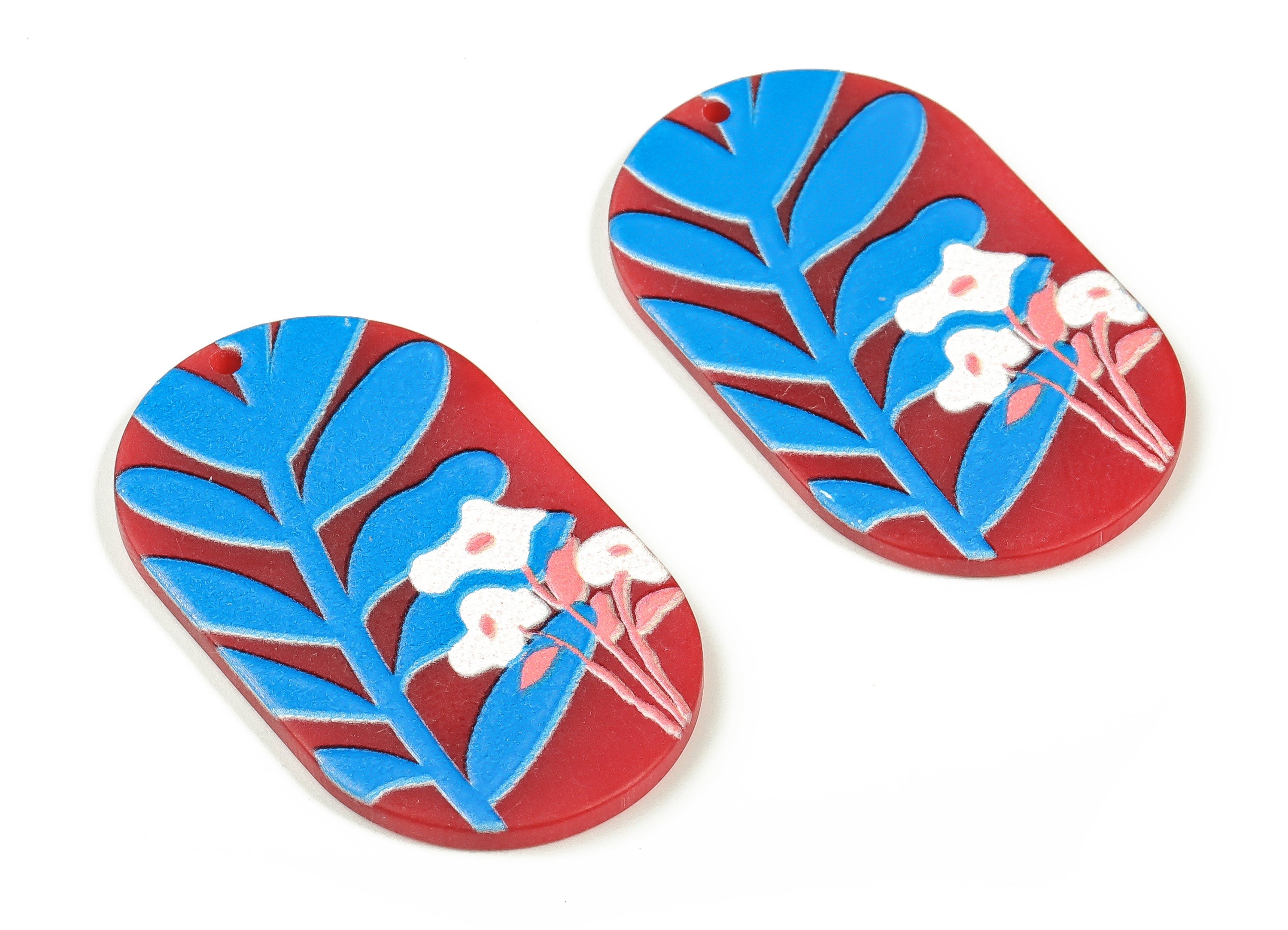 Acrylic Oval Earrings Charms - Acrylic Oval Blue Leaves Pendant - Jewelry Supplies - Earring Findings - 39.62x23.96x2.04mm - AC2315 - DOMEDBAZAAR