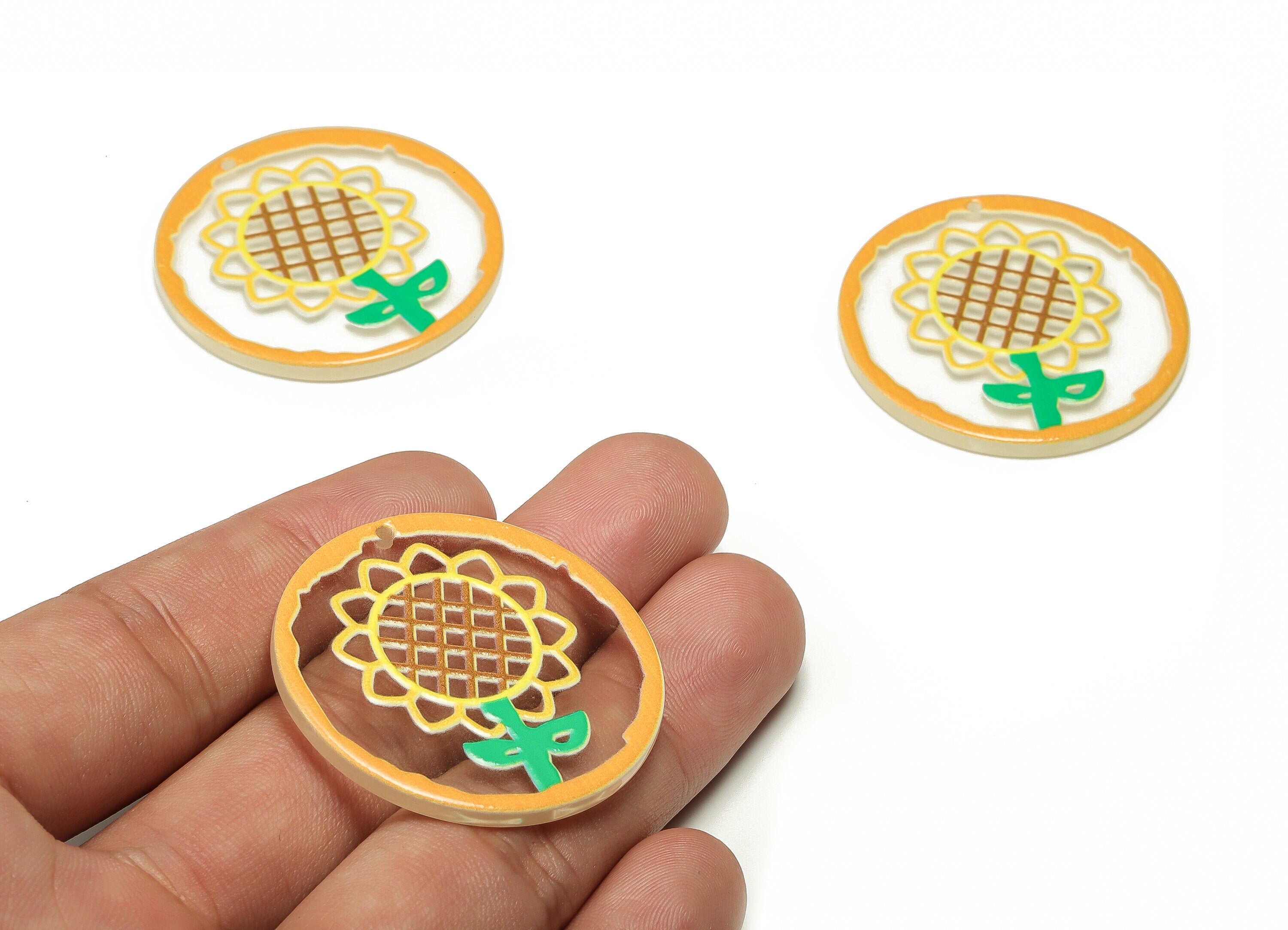 Acrylic Round Earring Charms - Acrylic Yellow Flower Pendant - Jewelry Making Supplies - Earring Findings - 37.99x37.89x2.46mm - AC2307 - DOMEDBAZAAR