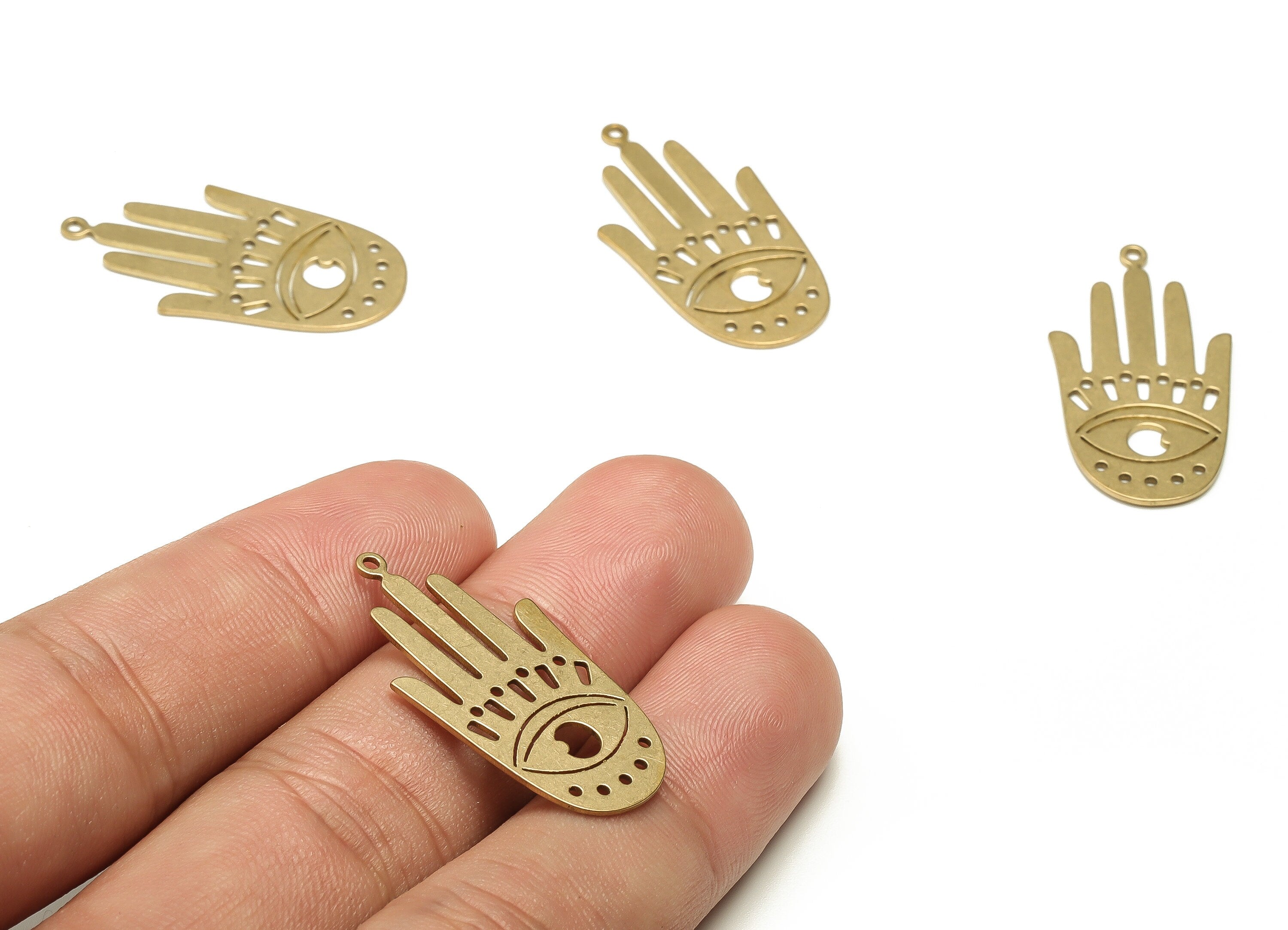Brass Hand Eye Earring Charms - Raw Brass Hand Eye Pendant - Earring Findings  - Jewelry Making Supplies - 31.7x16.45x0.7mm - PP4575 - DOMEDBAZAAR