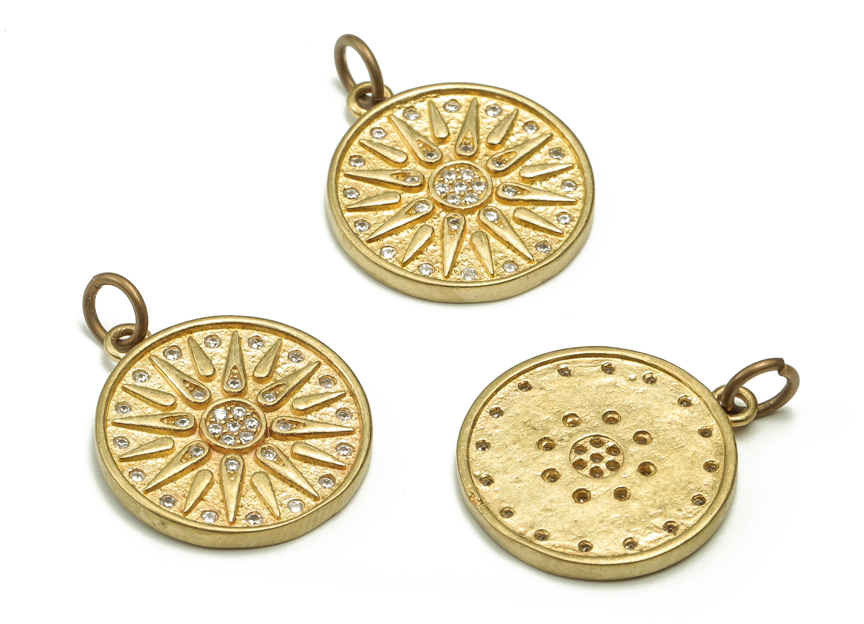 Brass Round Sun Earring Charms With Zircons - Raw Brass Circle Pendant - Earring Finding - Jewelry Making Supplies - 19x16.8x1.8mm - PP4652 - DOMEDBAZAAR