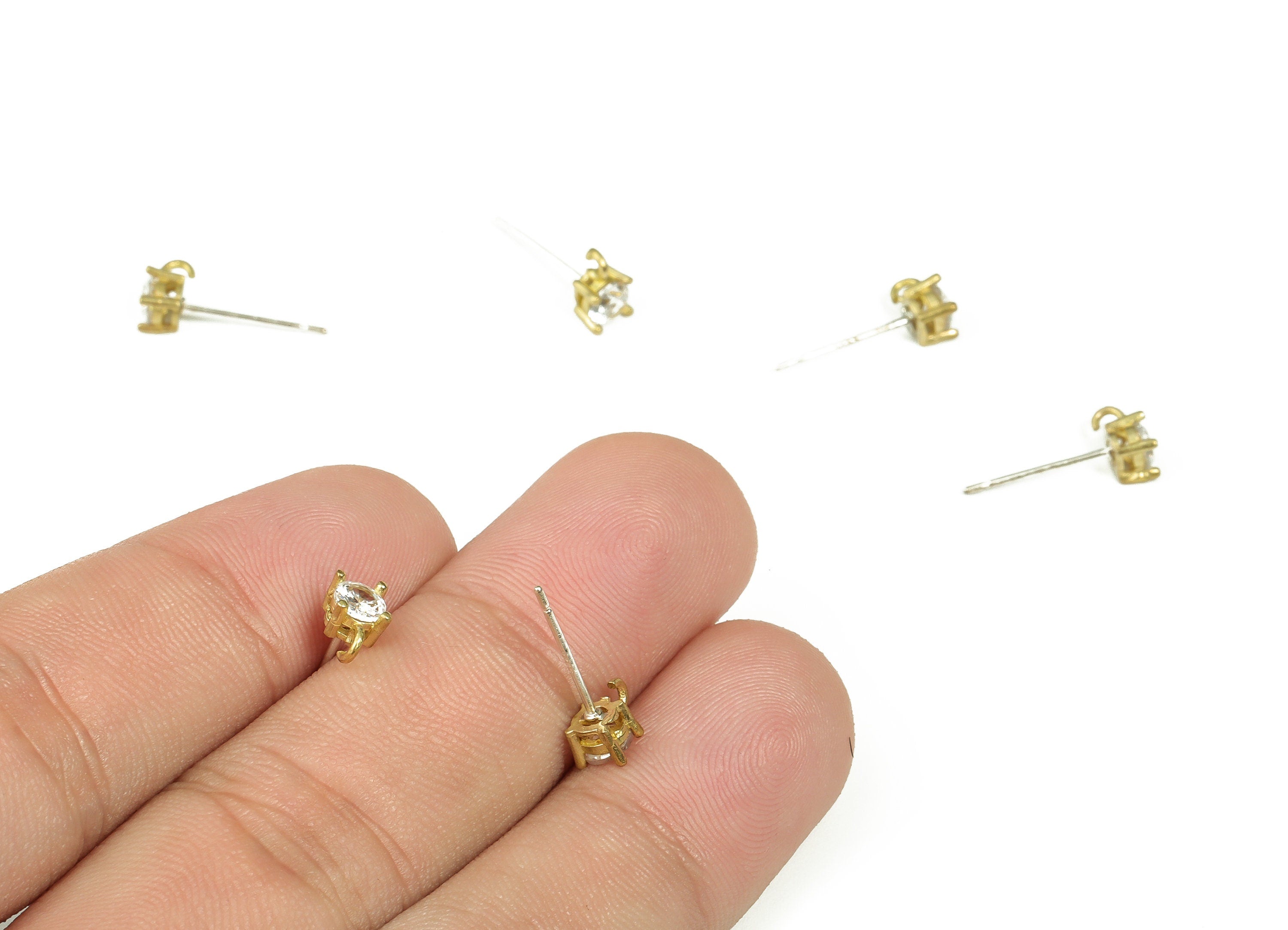 Raw Brass Zircon Stud Earrings – Dainty Small Studs - Brass Stud Earrings Post - Earring Jewelry Supplies - 15.31x6.82x3.62mm- PP4389 - DOMEDBAZAAR