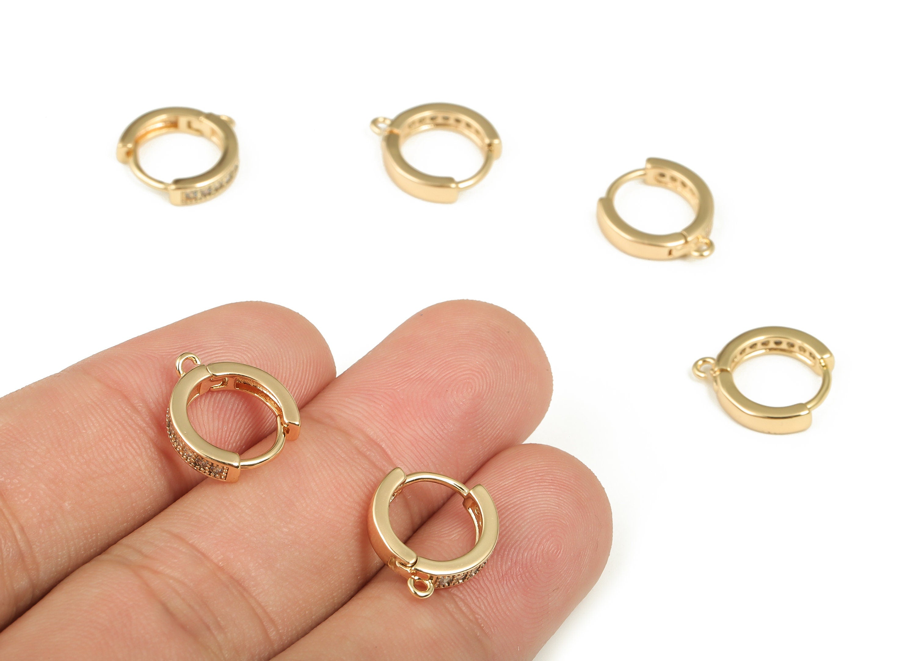 Brass Round Hoop Earring - Gold Hoop Huggie with Zircon - 18k Real Gold Plated Brass Stud Earring - Jewelry Supplies -13.89x12.9x3mm-RGP3634 - DOMEDBAZAAR
