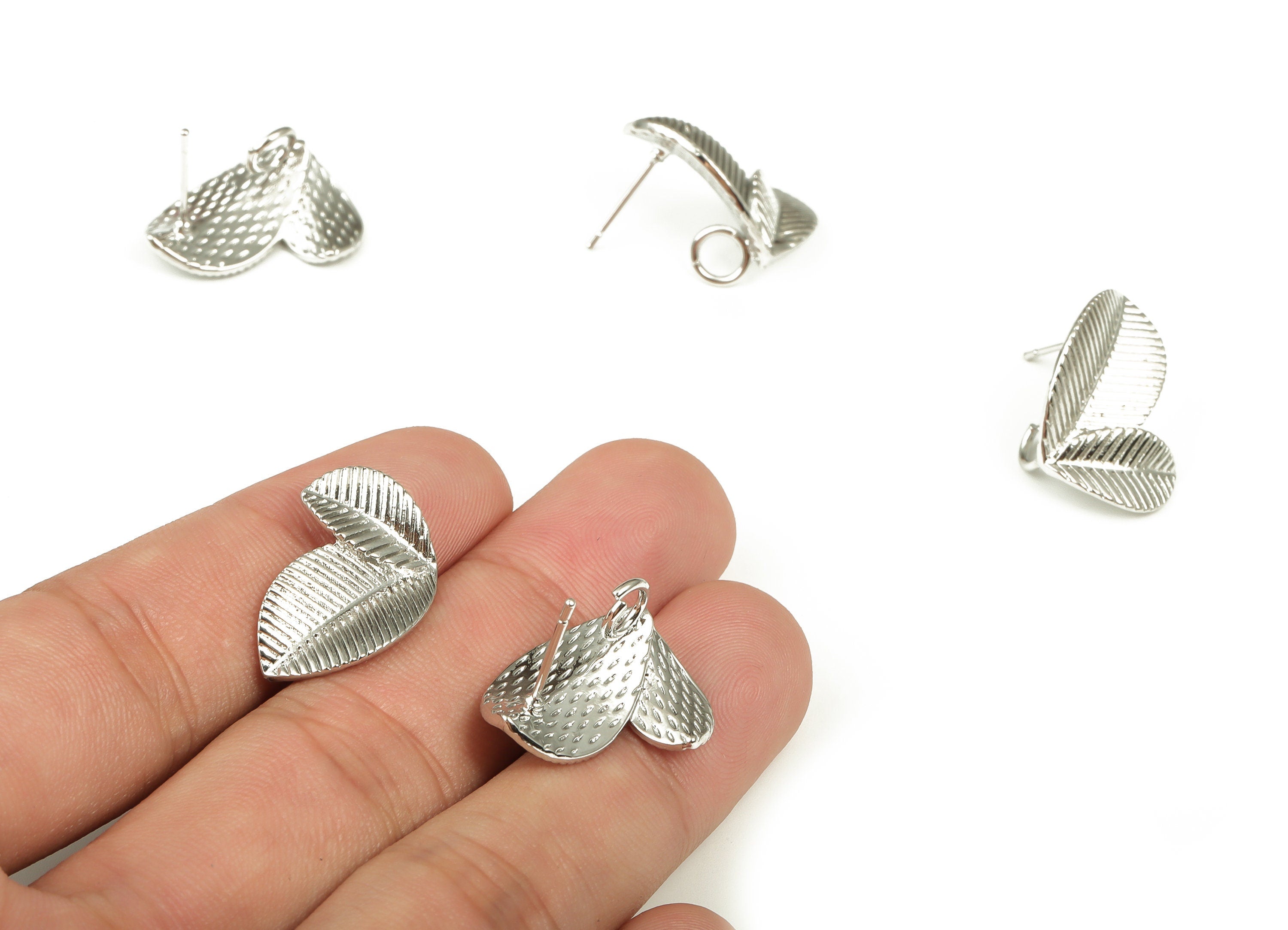 Brass Leaves Earring Stud - White Gold Leaves Post - Stainless Steel Stud - 18K Real White Gold Plated Brass - 20.9x18.31x1.82mm - RGP4022 - DOMEDBAZAAR