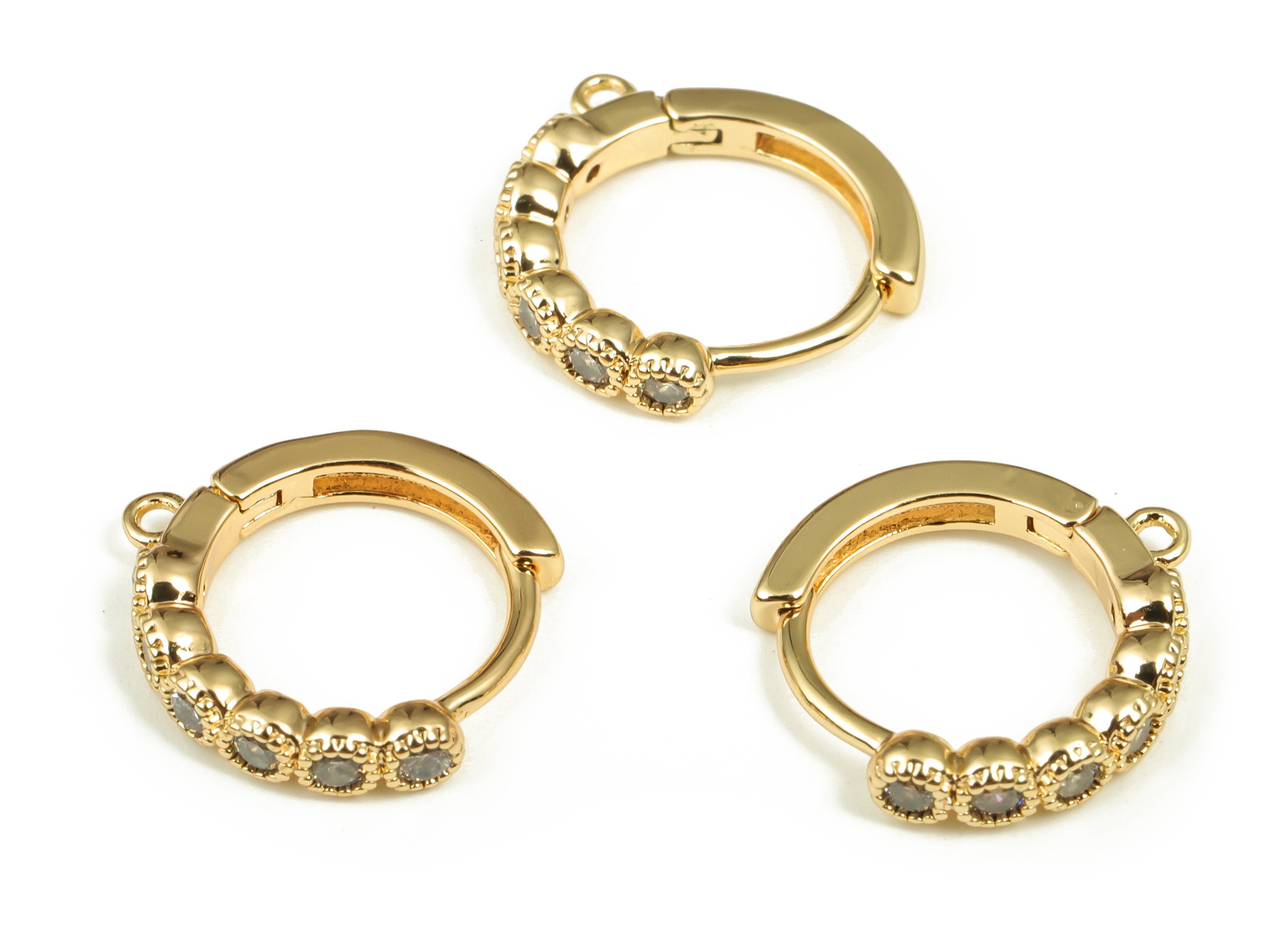 Brass Round Hoop Earring - Gold Hoop Huggie with Zircon - 18k Real Gold Plated Brass Studs - Jewelry Supplies - 14.65×13.98×2.59mm- RGP4013 - DOMEDBAZAAR