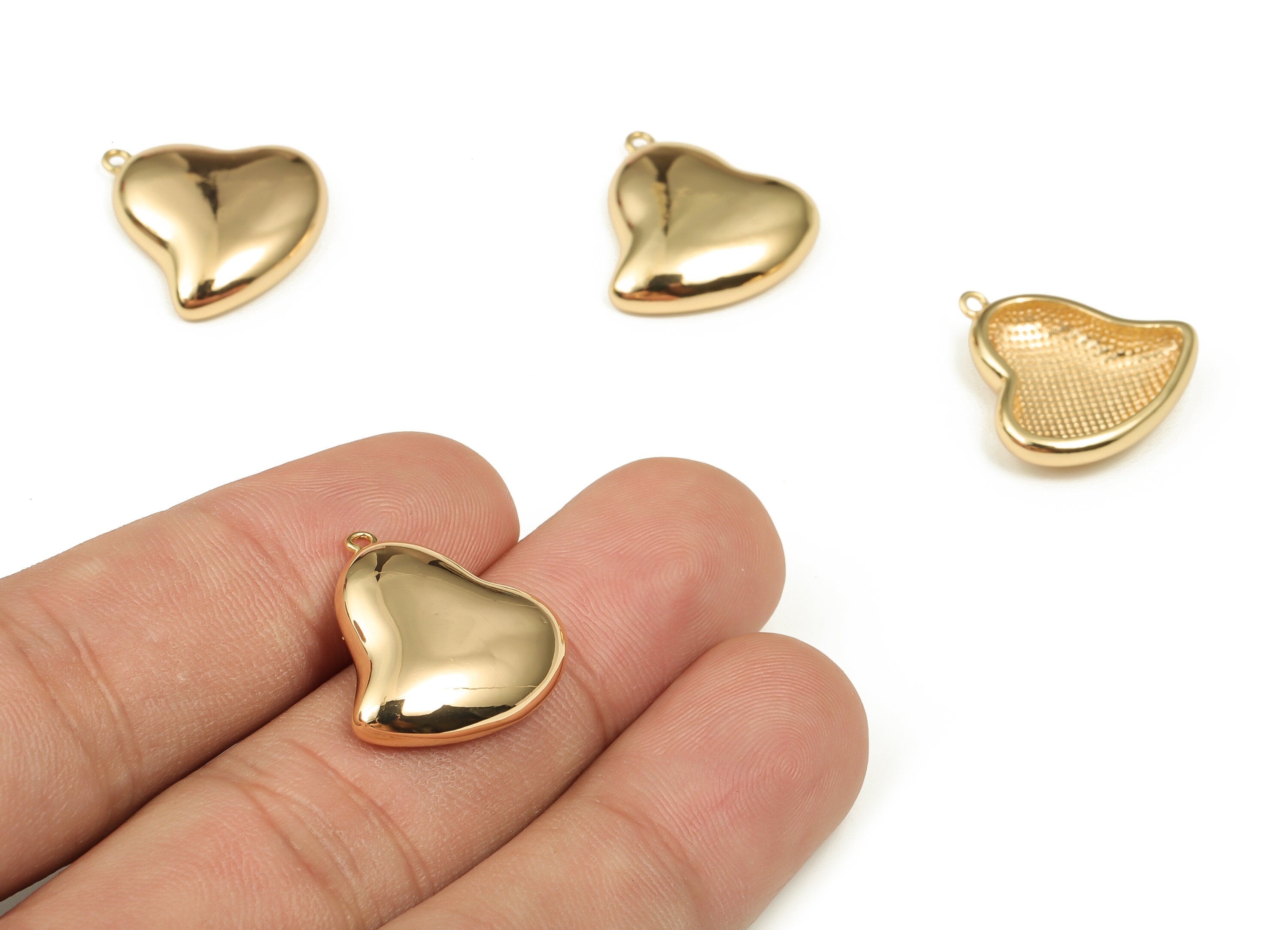 Brass Heart Earring Charms – Puffy Gold Heart Pendant Charm - 18K Gold Plated Brass - Jewelry Making Supplies -18.23x17.58x4.62mm- RGP3592 - DOMEDBAZAAR