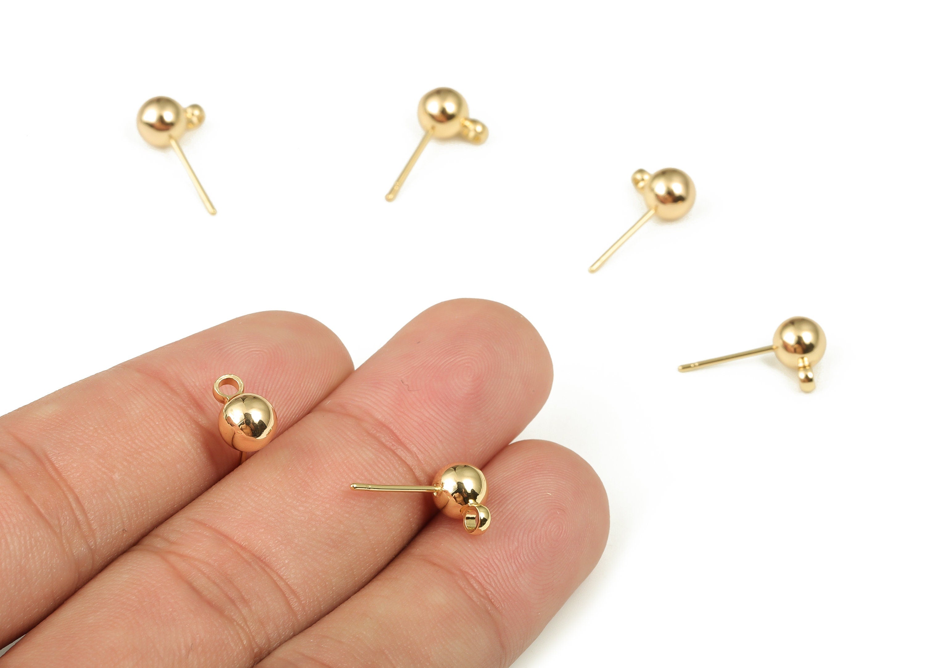 Brass Earring Post with Ball Pad Studs - Gold Ball Ear Posts - 18K Real Gold Plated Brass Stud - Jewelry Supplies -8.88x5.93x5.9mm- RGP3961 - DOMEDBAZAAR