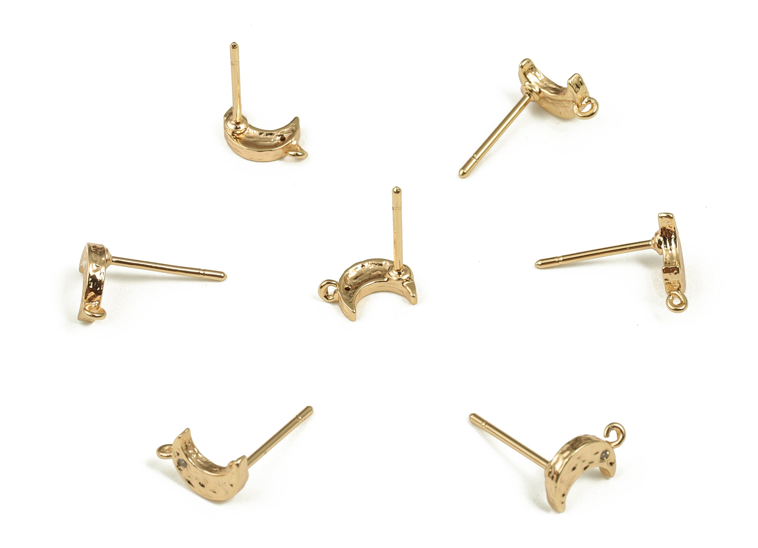 Brass Crescent Earrings Post with Zircon - Gold Moon Earring Stud - 18K Gold Plated Brass Stud - Jewelry Supplies -8.65x5.38x1.55mm- RGP3636 - DOMEDBAZAAR