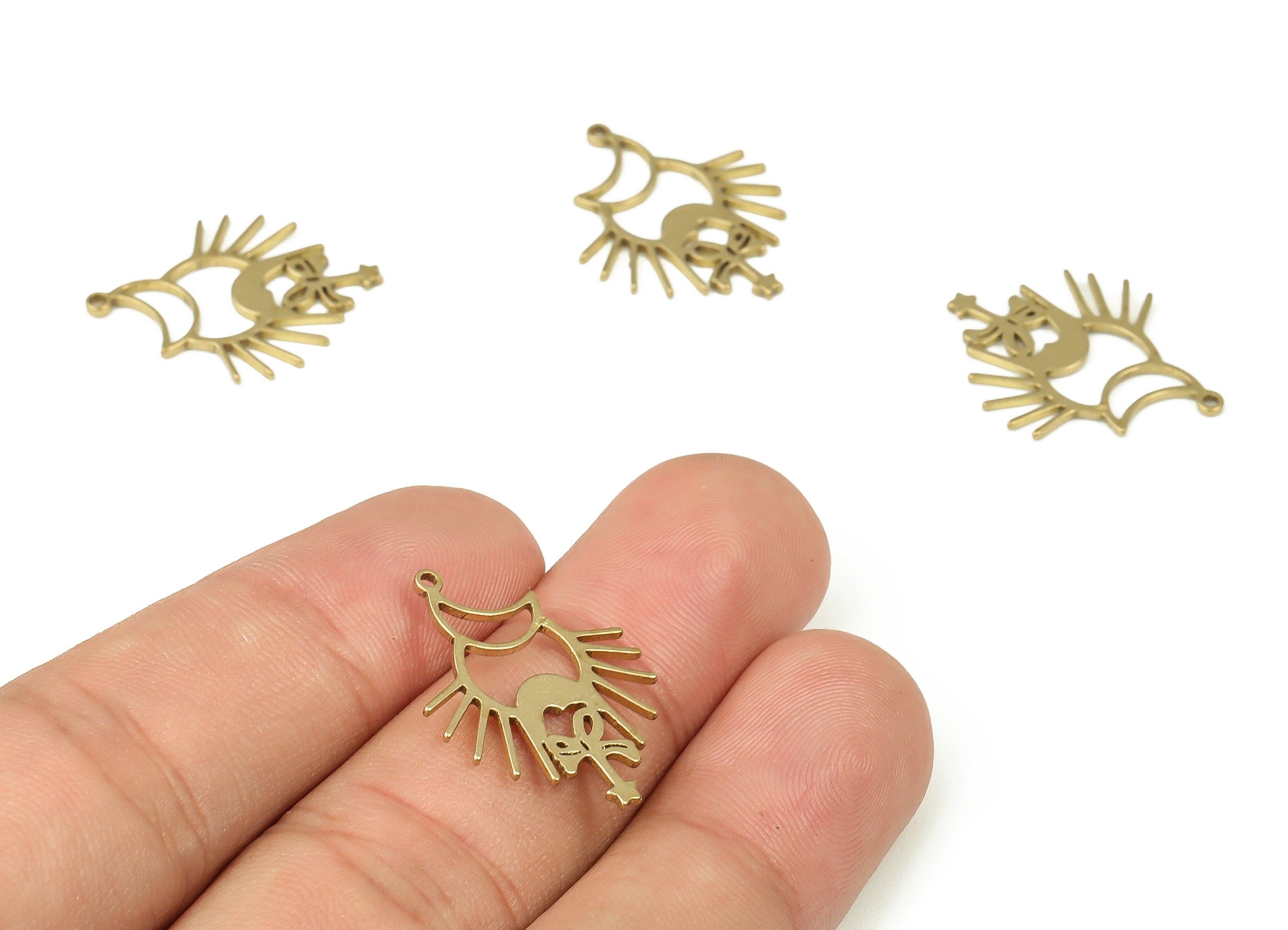 Brass Crescent Earring Charms - Raw Brass Sun Star Pendant - Earrings Finding - Jewelry Making Supplies - 23.73x18.09x1.03mm - PP4297 - DOMEDBAZAAR