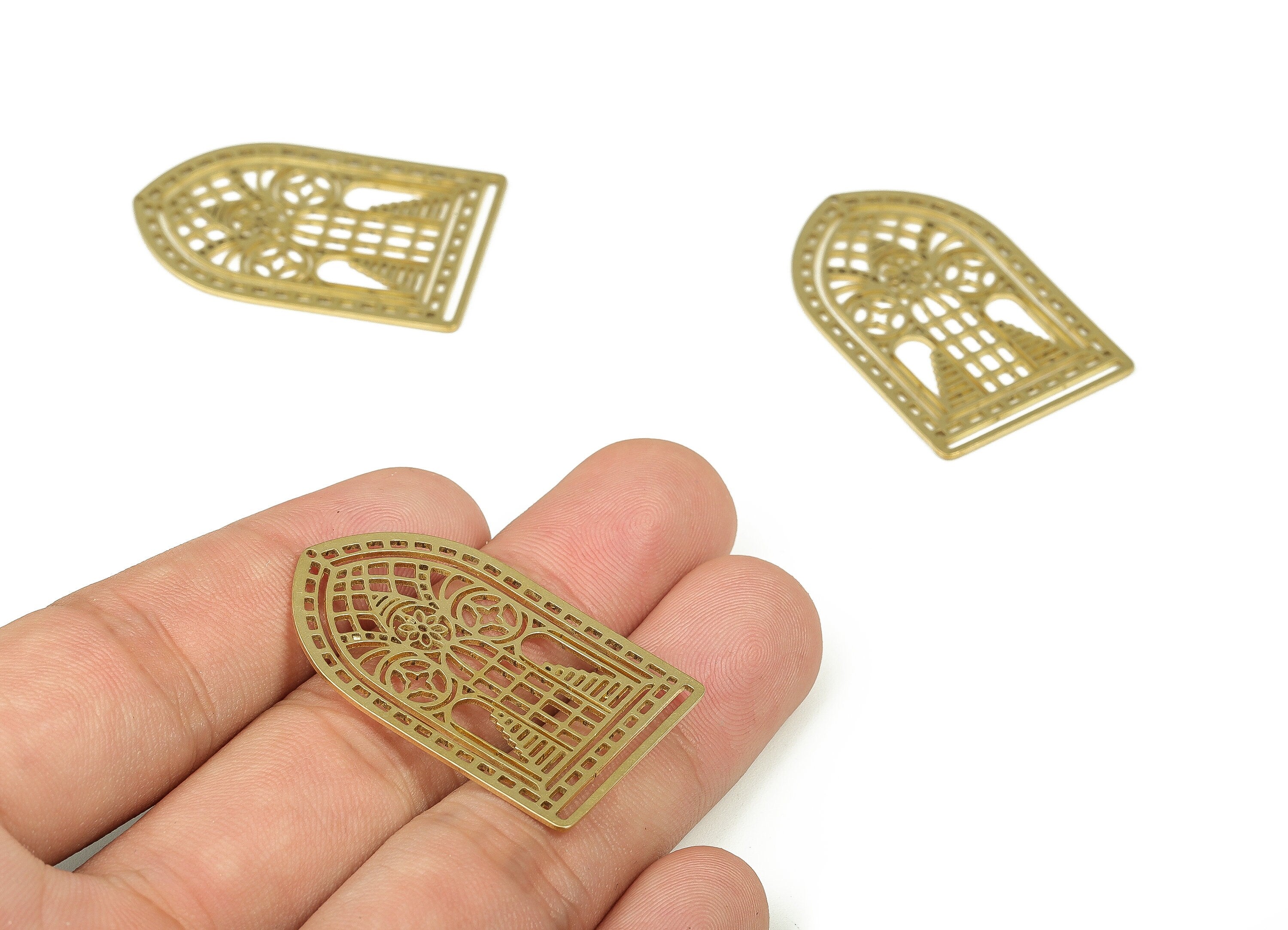 Brass Diamond Earrings Charm - Raw Brass Palace Pendant Charms - Earring Findings - DIY Jewelry Making Supplies - 37.7x23.93x0.79mm - PP4322 - DOMEDBAZAAR