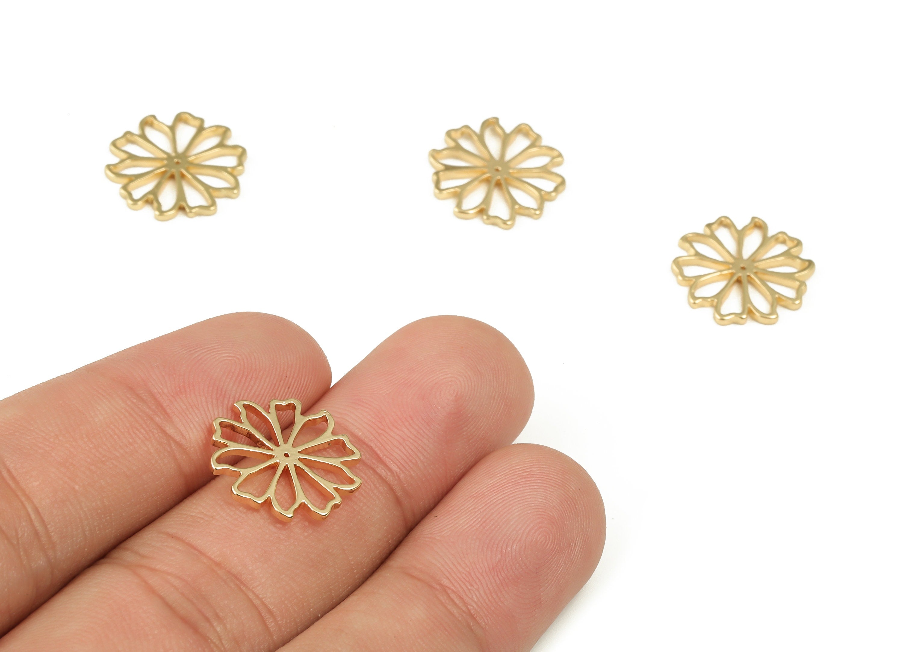 Brass Filigree Flower Earring Charms - Hollow Flower Pendant - 18K Real Gold Plated Brass - Jewelry Supplies - 15.06x15.06x1.26mm - RGP3389 - DOMEDBAZAAR