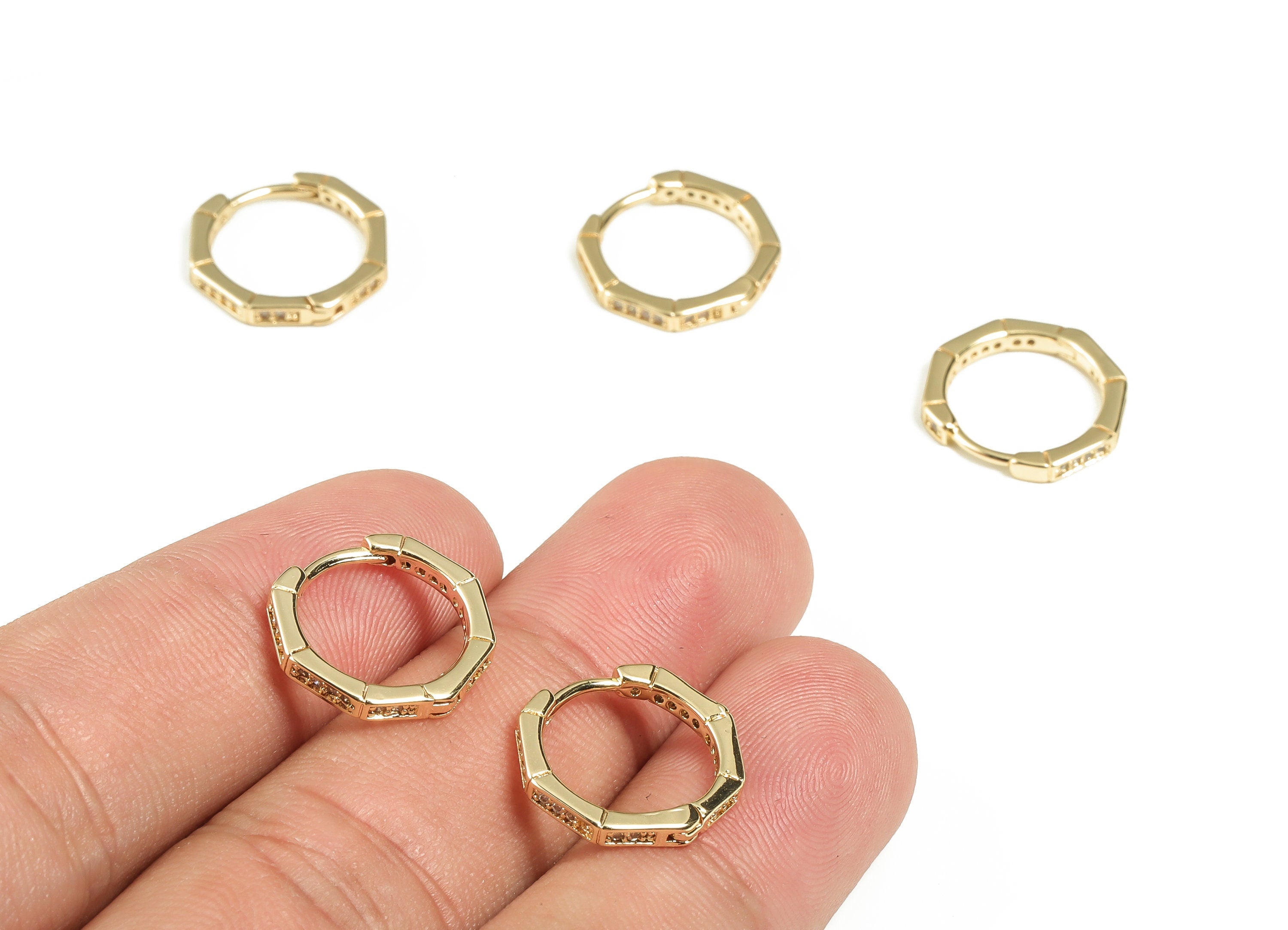 Octagon Hoop Earrings - Brass Zircon Huggie Hoop Earrings – Dainty Octagon Earrings - Jewelry Supplies - 15.77×14.447×1.92mm - RGP3194 - DOMEDBAZAAR