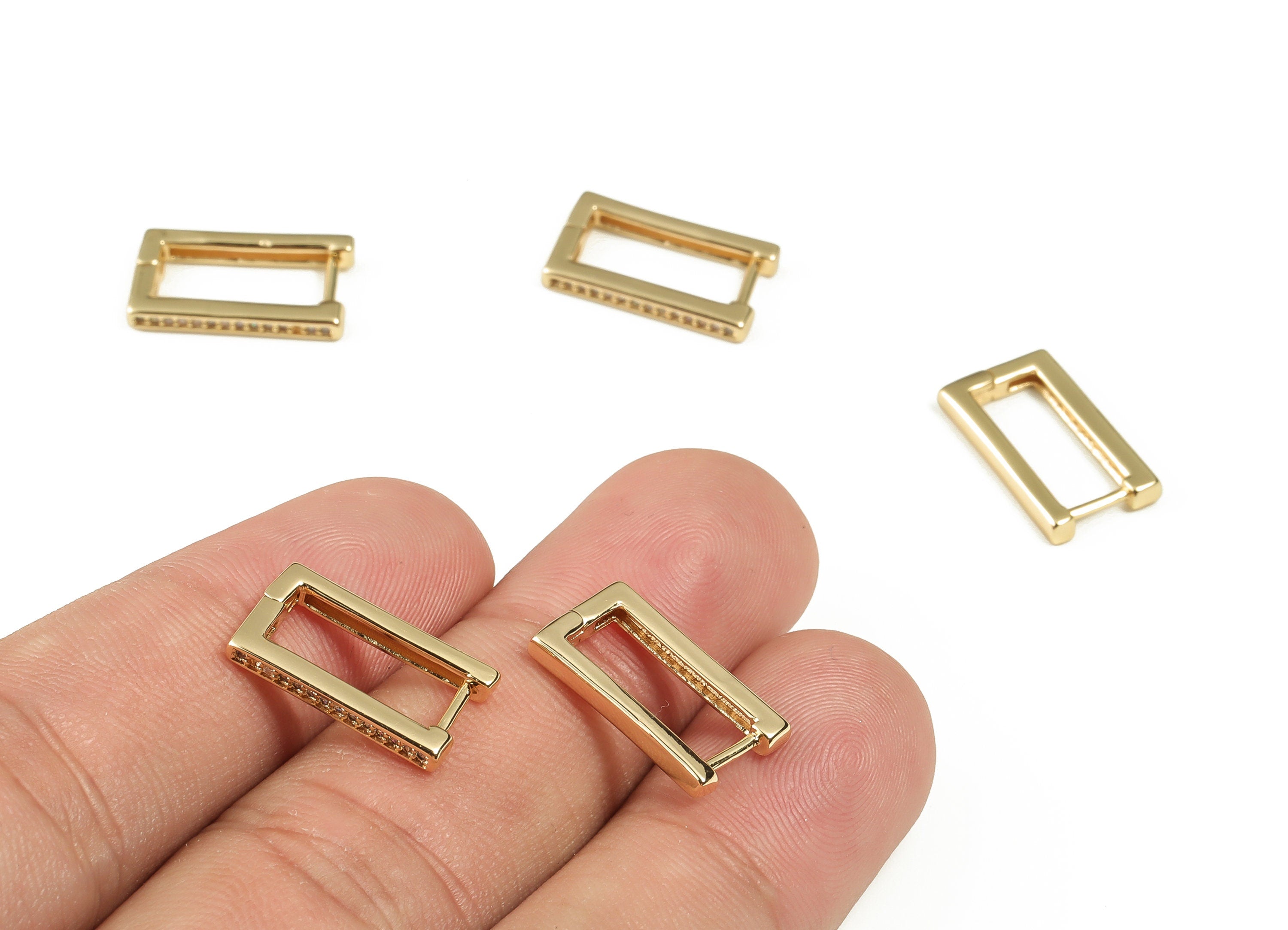 Brass Rectangle Huggie Earrings - Hoop Earrings with Zircon - 18K Real Gold Plated Brass - Jewelry Supplies -16.42x9.46x2.35- RGP3283 - DOMEDBAZAAR
