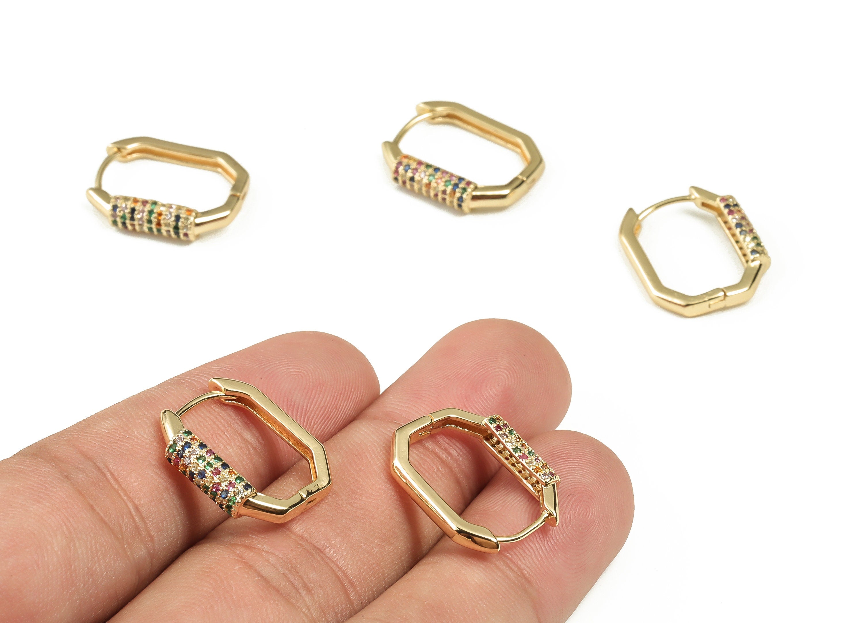 Brass Hoop Earrings – Dainty Geometric Earring with Multicolor Zircons – 18K Real Gold Plated Brass Earrings - 19.37×15.65×2.96mm - RGP3245 - DOMEDBAZAAR