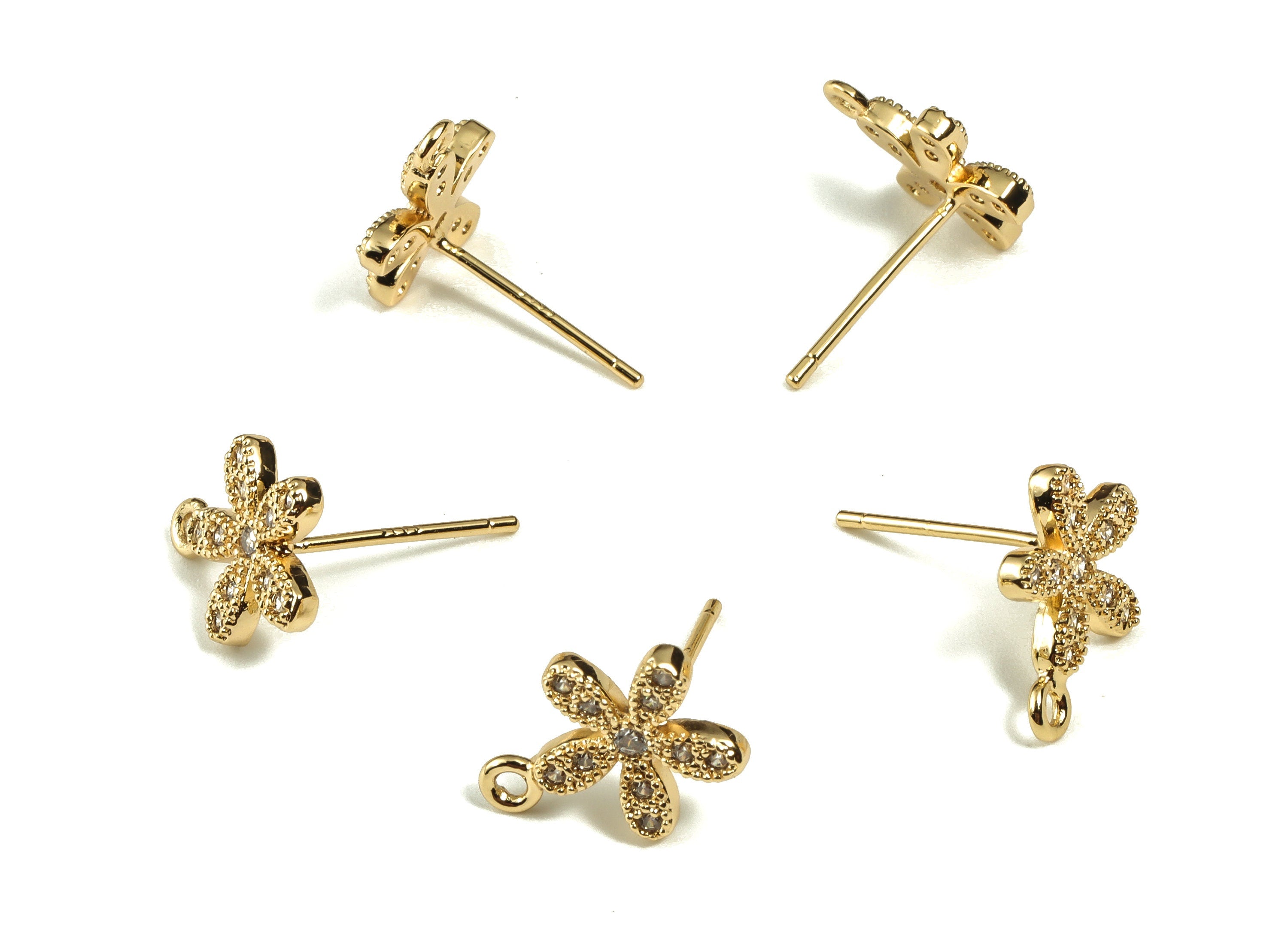 Brass Flower Stud Earrings - Brass Post Earring with Zircon - 18K Real Gold Plated Brass Studs - Jewelry Supplies -12.08x9.53x1.7mm- RGP3090 - DOMEDBAZAAR