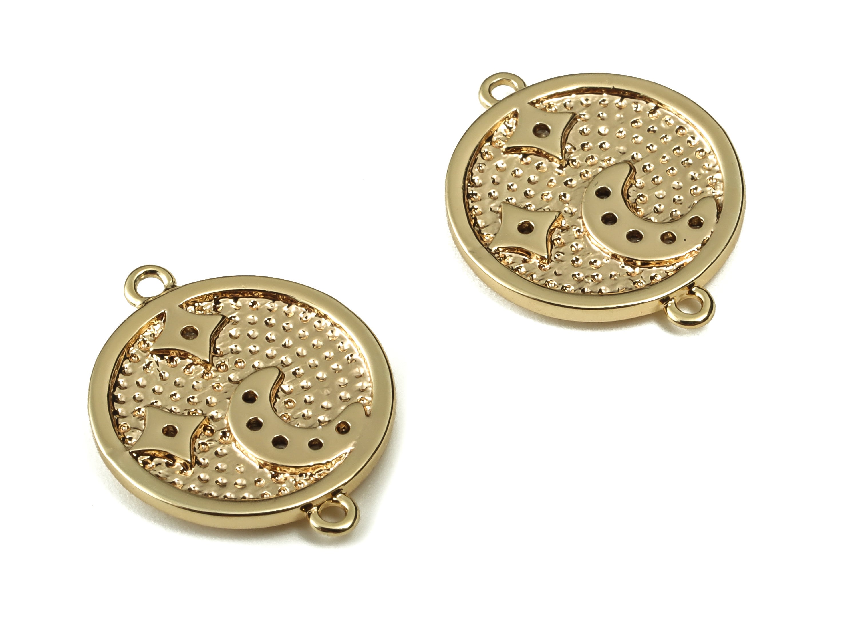Brass Round Star Earring Connector With Zircons - Gold Circle Crescent Charms - 18K Real Gold Plated Brass - 16.2x12.73x1.59mm - RGP3269 - DOMEDBAZAAR
