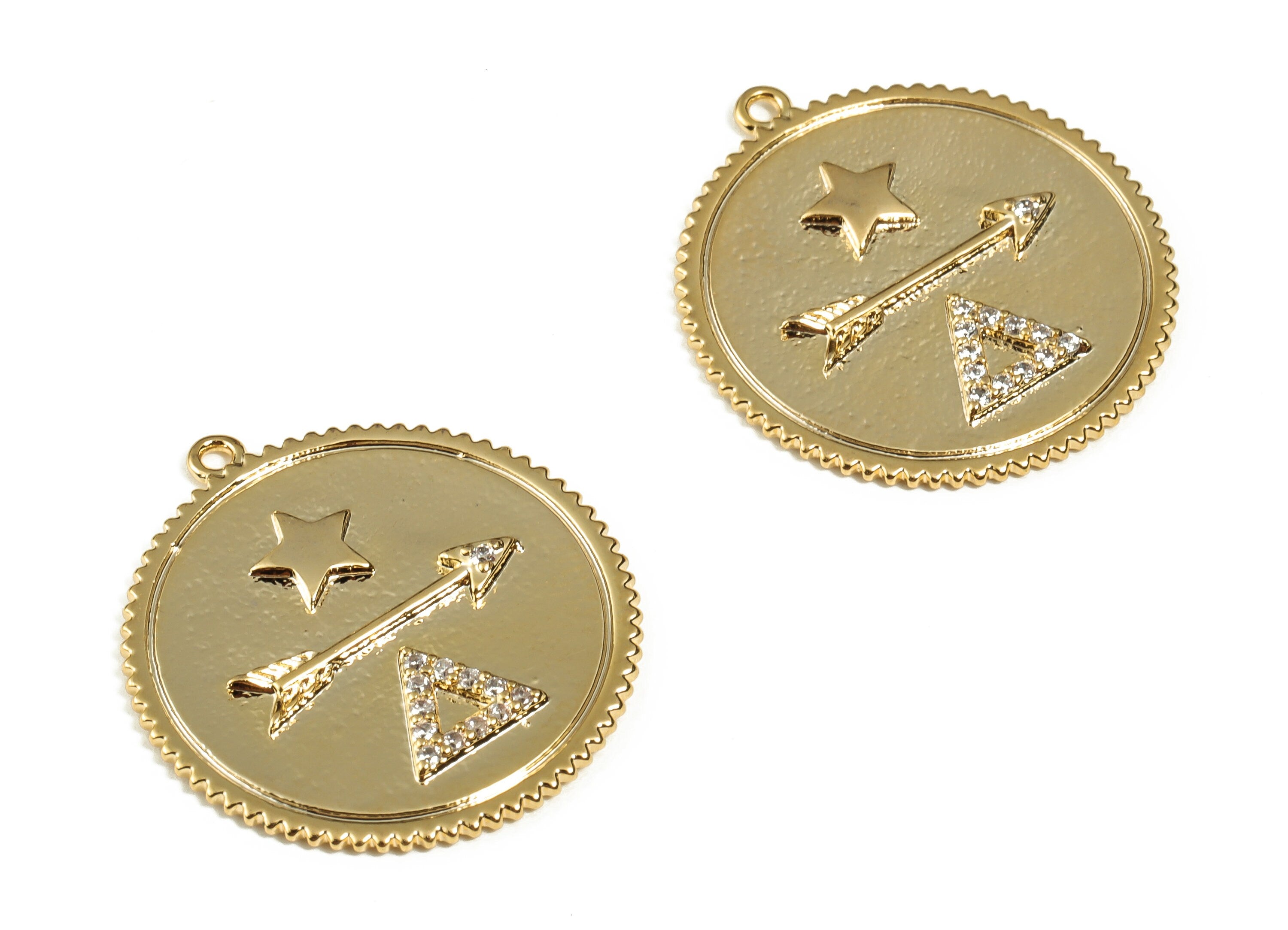 Brass Round Earring Charm – Circle Zircon Arrow Pendant Charm - 18k Real Gold Plated Brass - Jewelry Supplies - 24.96x23.28x2.08mm - RGP3084 - DOMEDBAZAAR