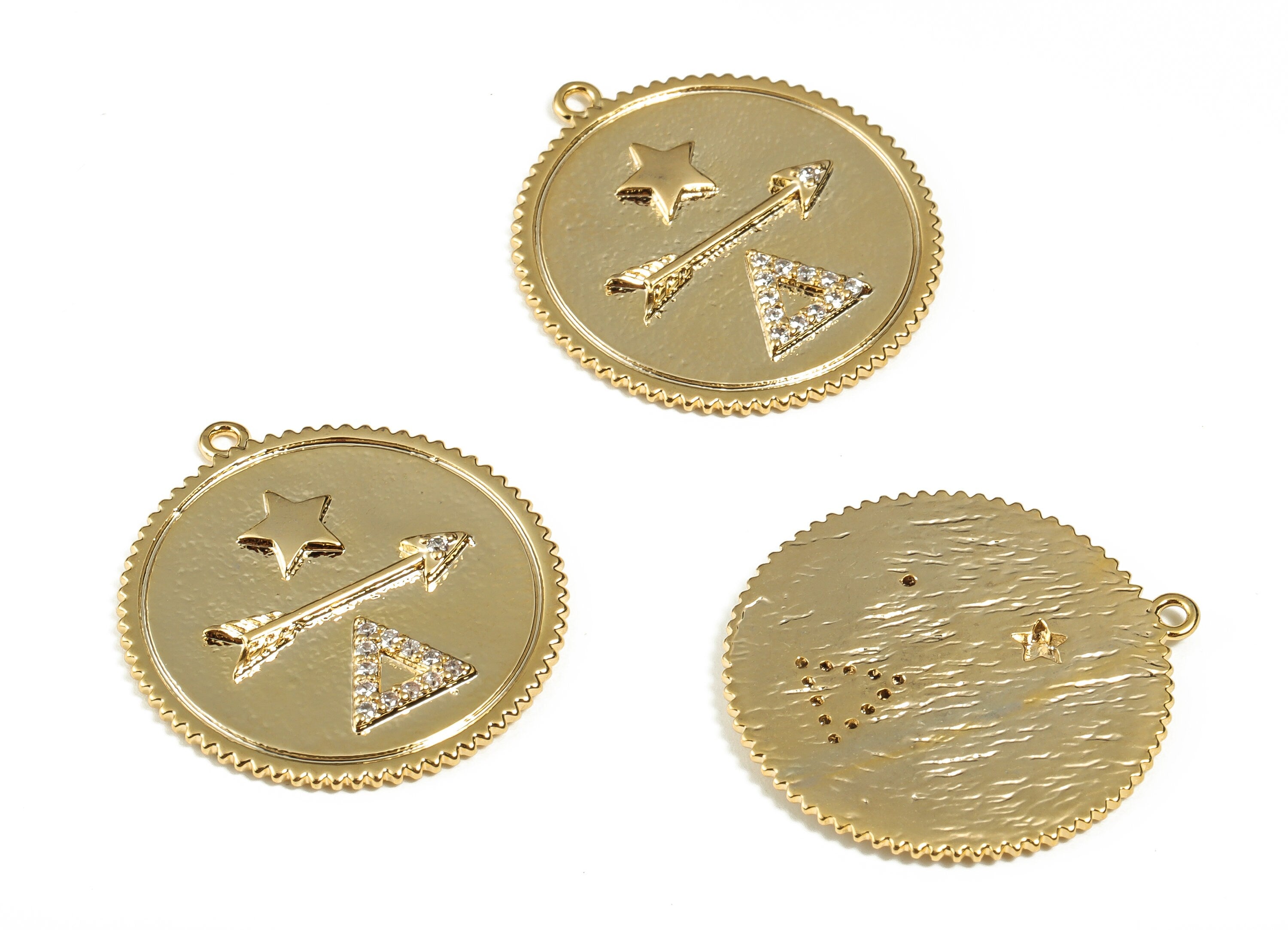 Brass Round Earring Charm – Circle Zircon Arrow Pendant Charm - 18k Real Gold Plated Brass - Jewelry Supplies - 24.96x23.28x2.08mm - RGP3084 - DOMEDBAZAAR