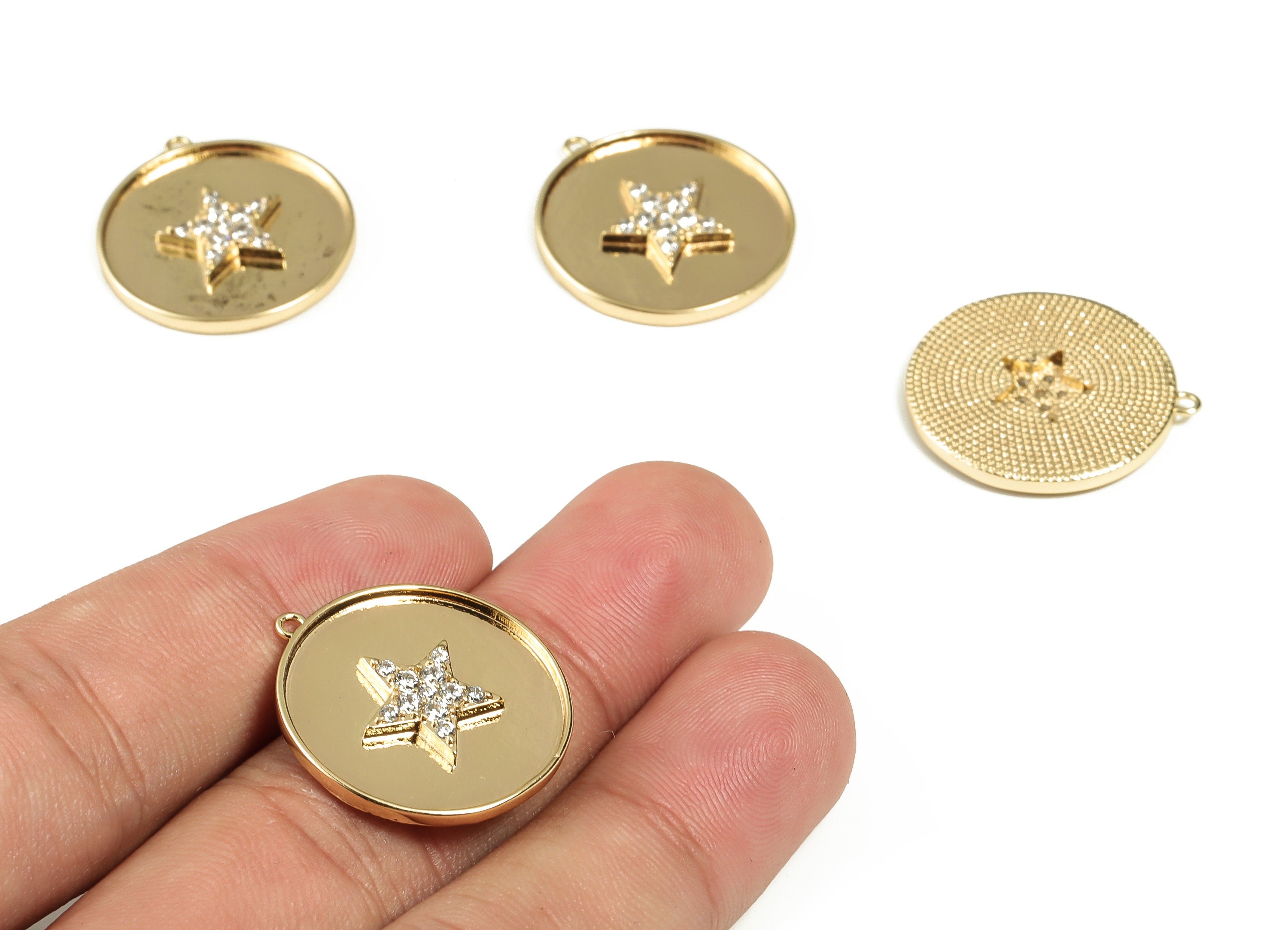 Brass Round Charm - Brass Star Charm with Zircon - Gold Plated Circle Earring Charm - 18K Gold Plated Brass Charm -24.6x22.5x2.67mm- RGP3094 - DOMEDBAZAAR