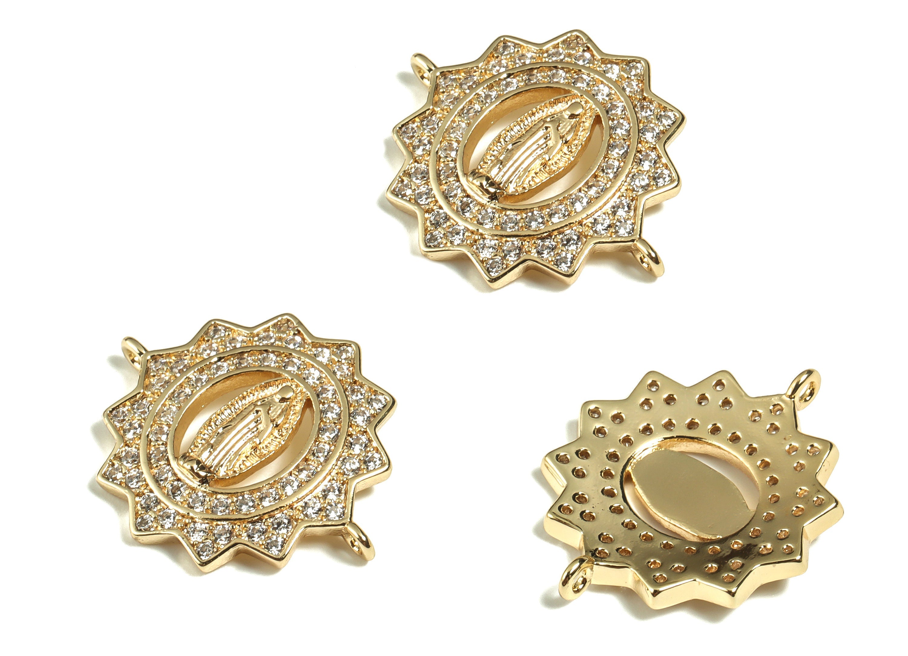 Brass Sun Charm - Zircon Sun Shaped Brass Connector with 2 Loops- 18k Real Gold Plated Brass - Jewelry Supplies -19.44x16.33x2.1mm- RGP3267 - DOMEDBAZAAR