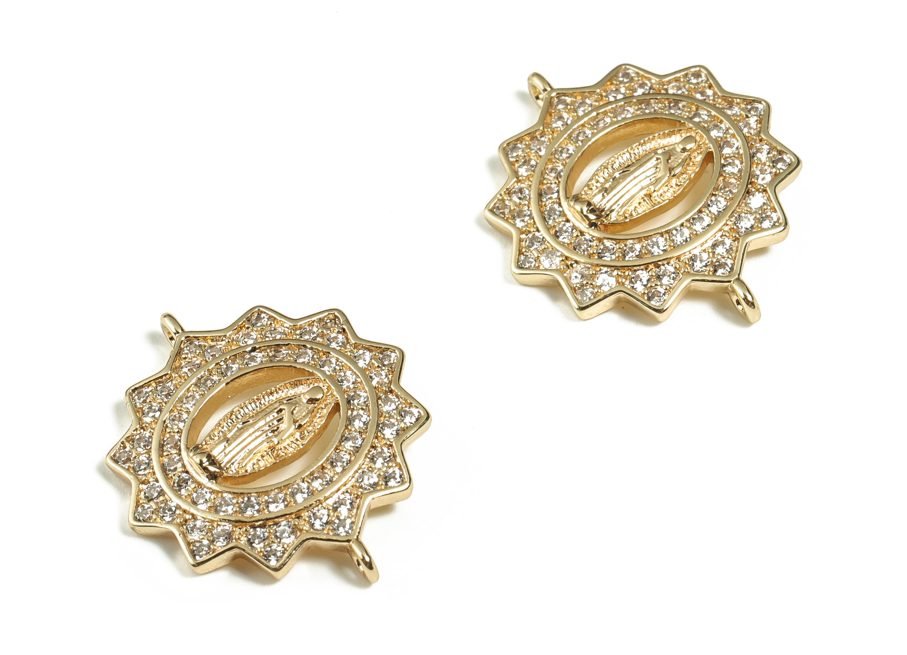 Brass Sun Charm - Zircon Sun Shaped Brass Connector with 2 Loops- 18k Real Gold Plated Brass - Jewelry Supplies -19.44x16.33x2.1mm- RGP3267 - DOMEDBAZAAR