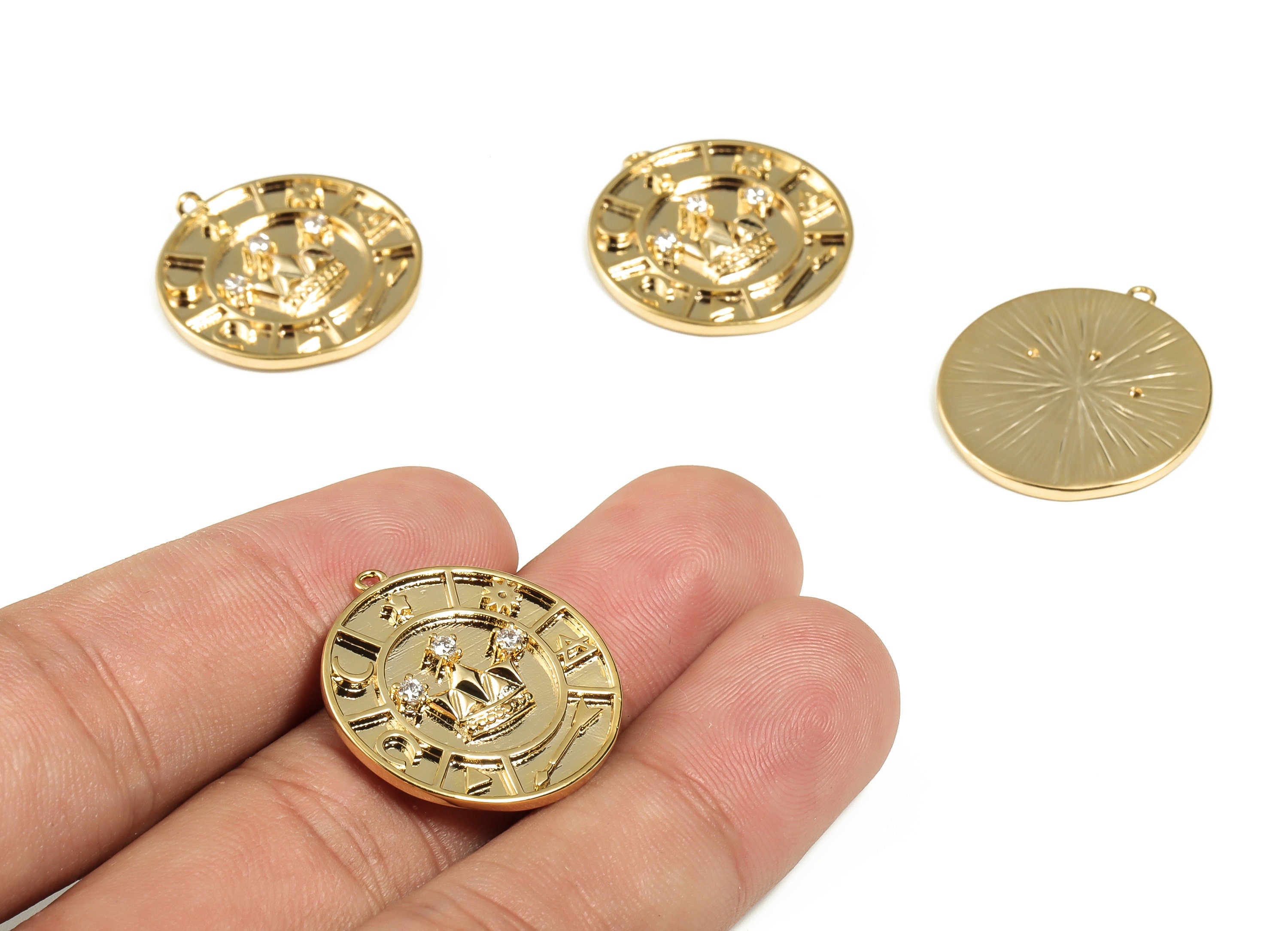 Brass Round Charm Pendant – Brass Zircon Crown Earring Charms - Real Gold Plated Brass Charm - Jewelry Supplies - 24.99x23x2.58mm- RGP3085 - DOMEDBAZAAR