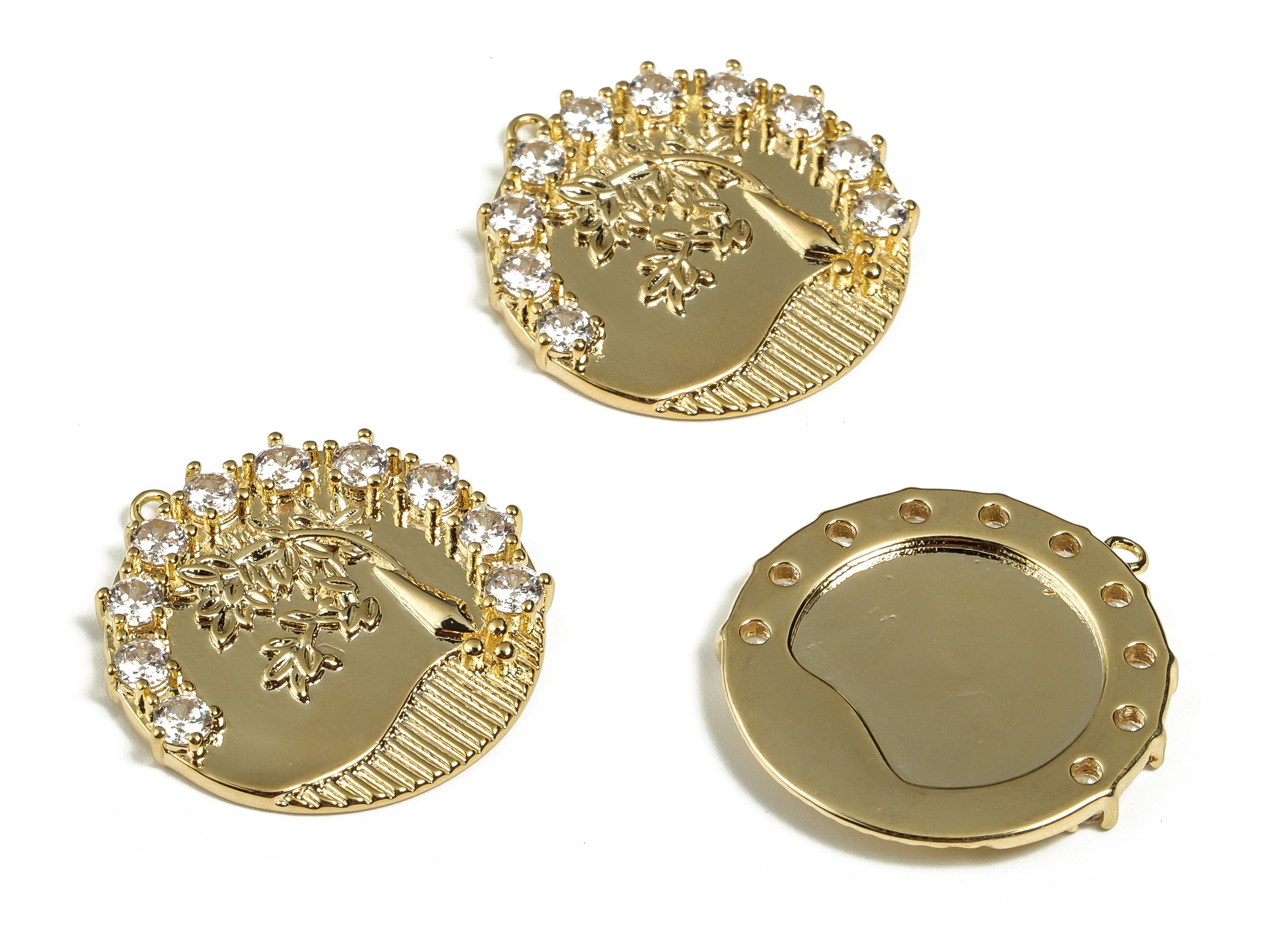 Brass Round Earring Charms - Tree Charm with Zircon - Gold Plated Tree Pendant Charm - 18K Gold Plated Brass - 24.94x23.26x2.81mm - RGP3092 - DOMEDBAZAAR