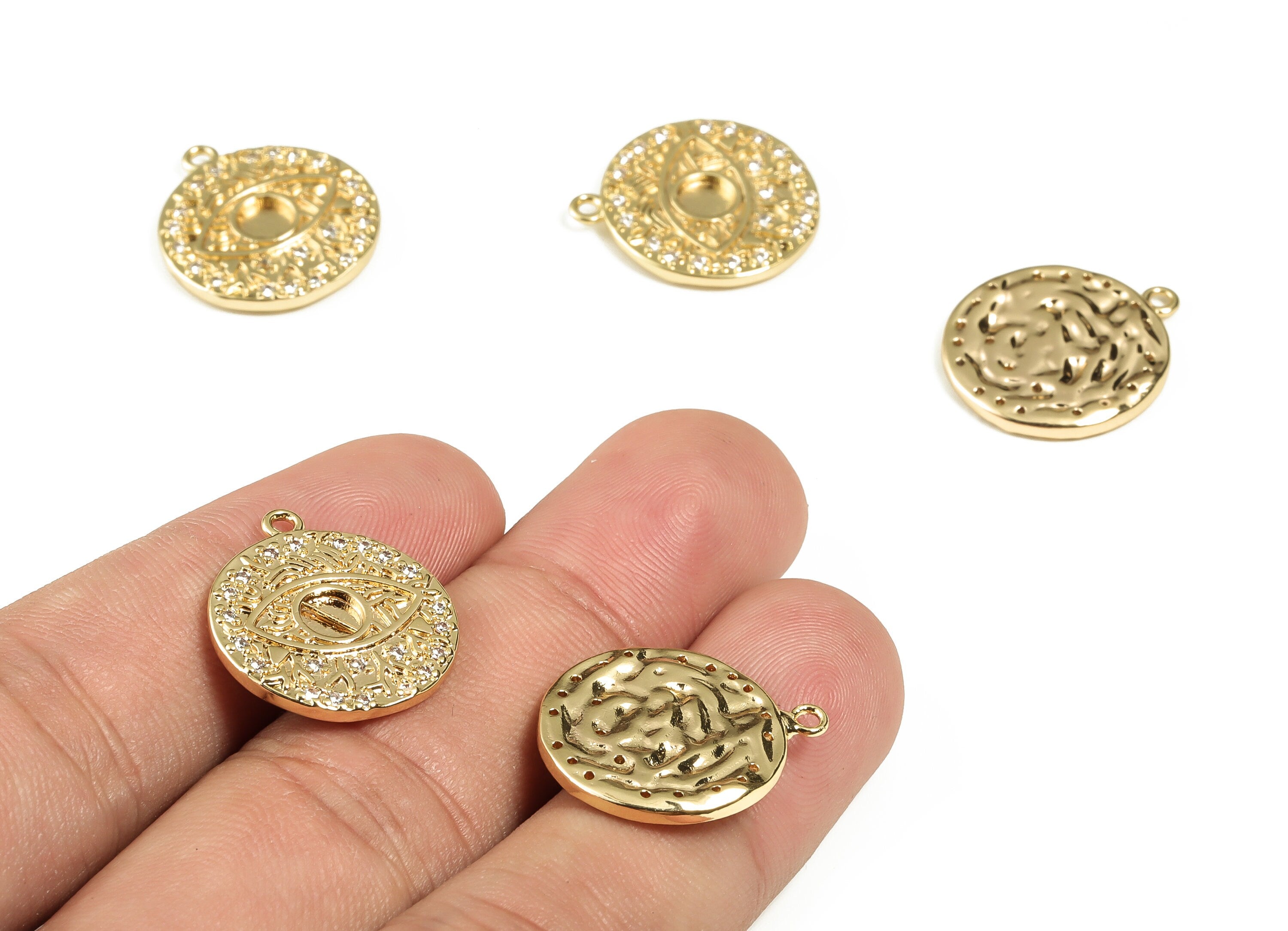 Brass Round Eye Charm - Brass Pendant Charm with Zircon - Circle Earrings Charm - 18K Gold Plated Brass Charm -30.98x18.11x2.08mm- RGP3093 - DOMEDBAZAAR