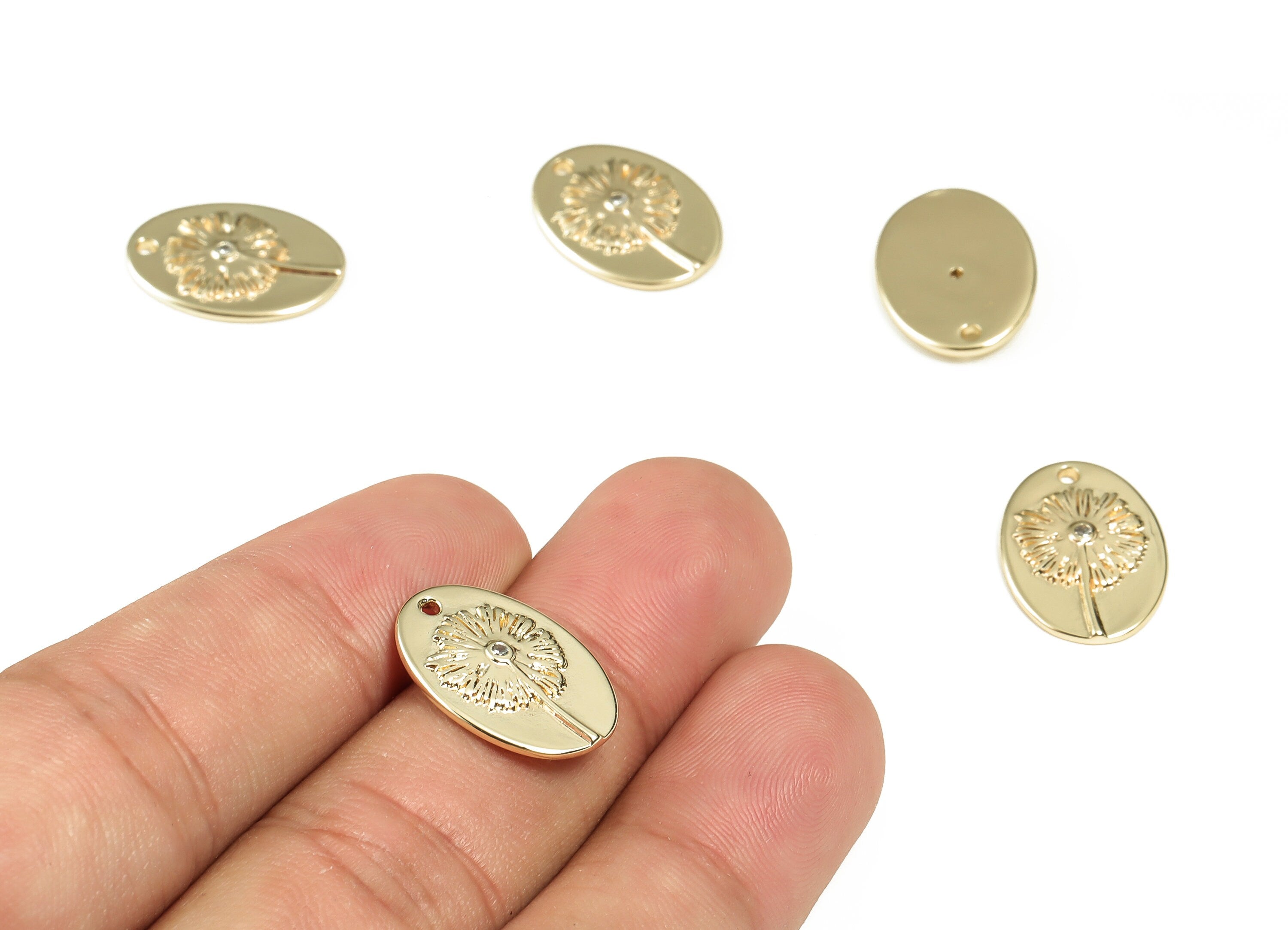 Brass Oval Earring Charms With Zircons - Gold Flower Pendant - 18K Real Gold Plated Brass - Jewelry Supplies - 18.33x13.03x2.15mm - RGP3306 - DOMEDBAZAAR
