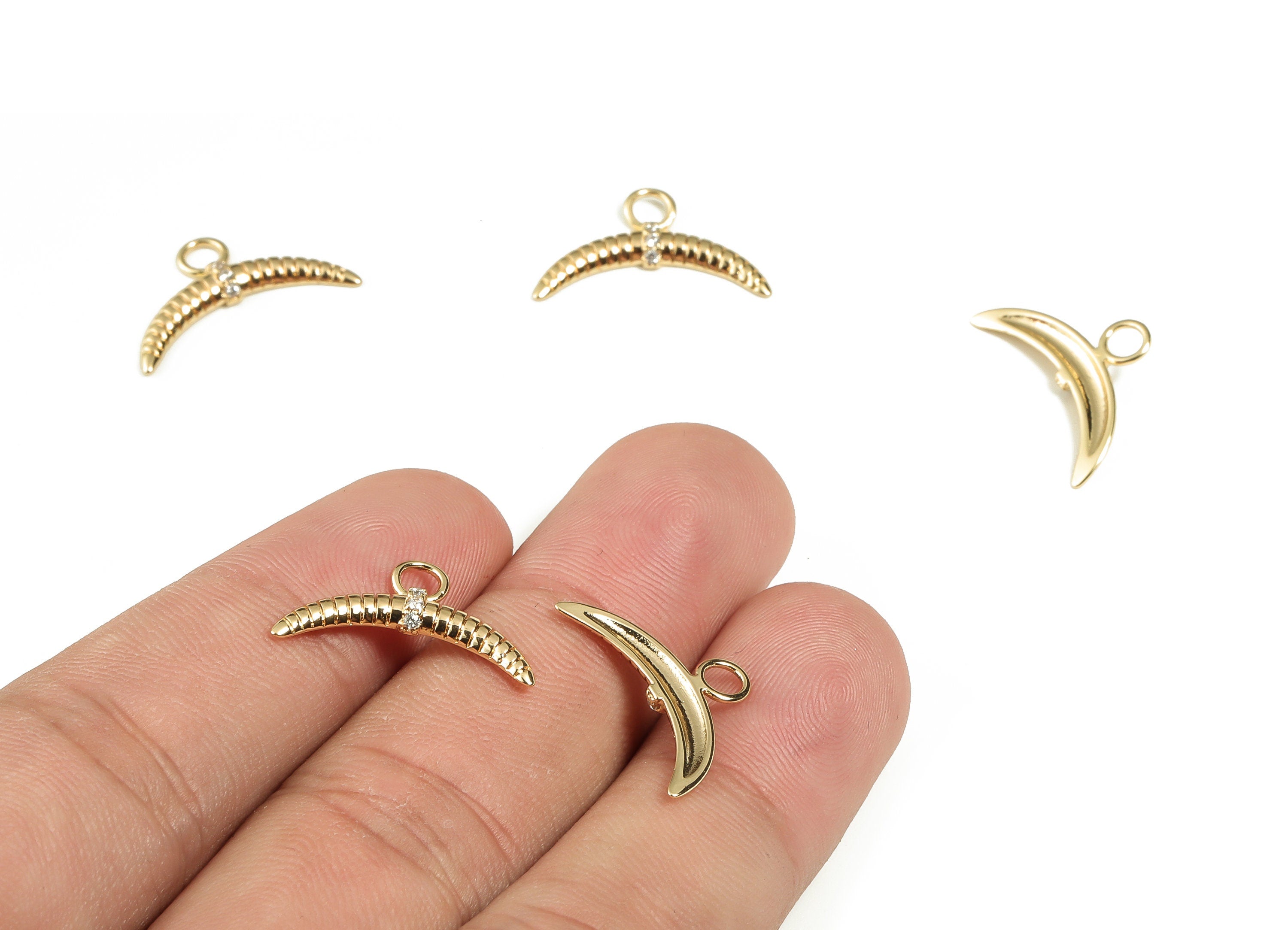 Brass Gold Horn Charms - Brass Moon Pendant with Zircon - 18K Real Gold Plated Brass Charm – Jewelry Supplies -20.09x11.72x2.58mm - RGP3088 - DOMEDBAZAAR