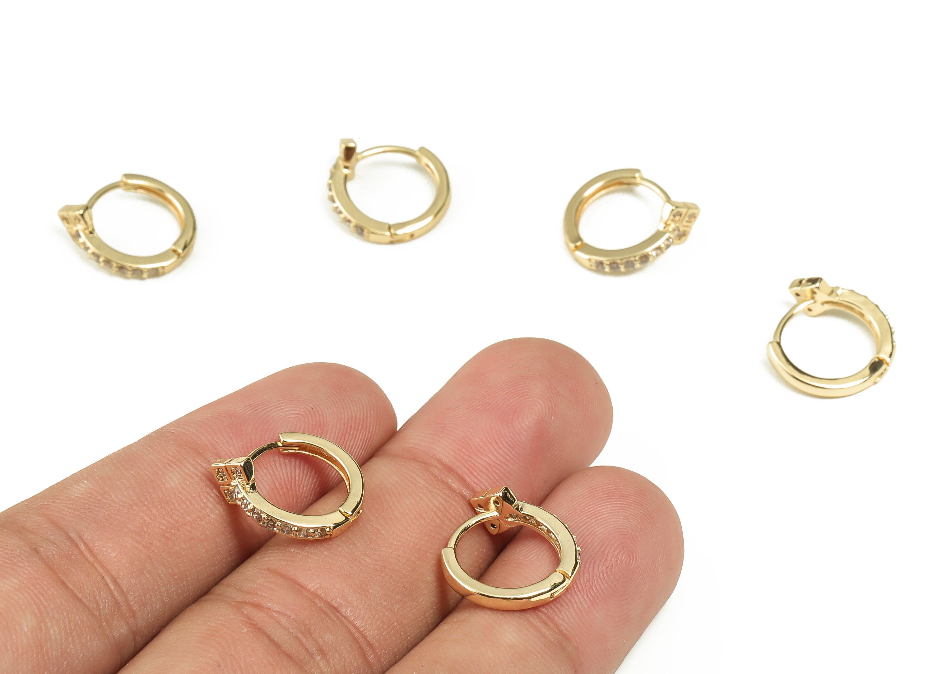Zircon Huggies Hoop Earrings - Brass Circle Hoop Earrings – 18K Real Gold Plated Brass - Earring Supplies - 13.85×12.31×1.97mm - RGP3218 - DOMEDBAZAAR