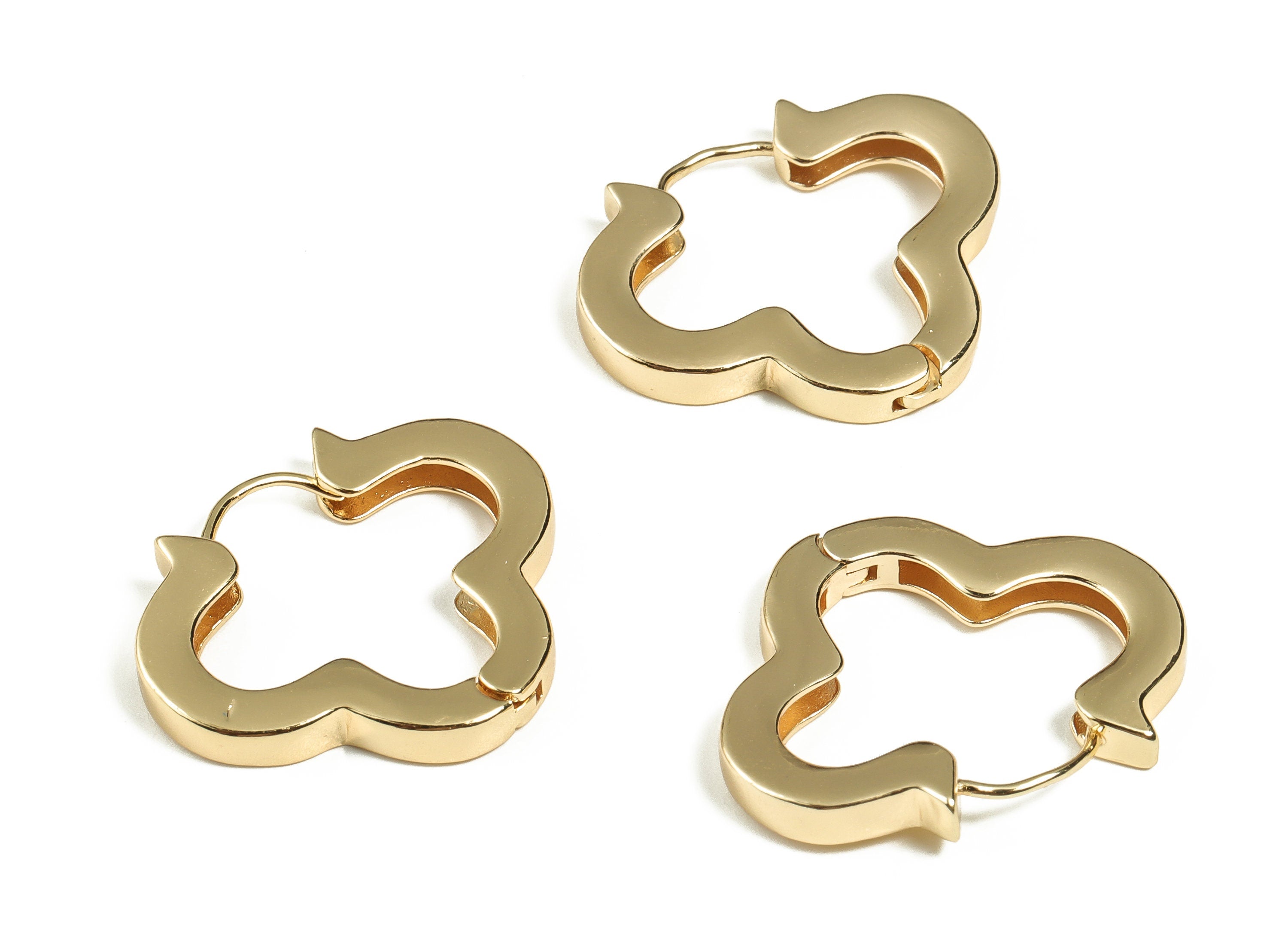 Brass Flower Huggie Hoop Earrings - Gold Petal Hoop Earrings - 18k Real Gold Plated Flower Shape Hoop Earrings -26.82x23.17x3.17mm- RGP3275 - DOMEDBAZAAR