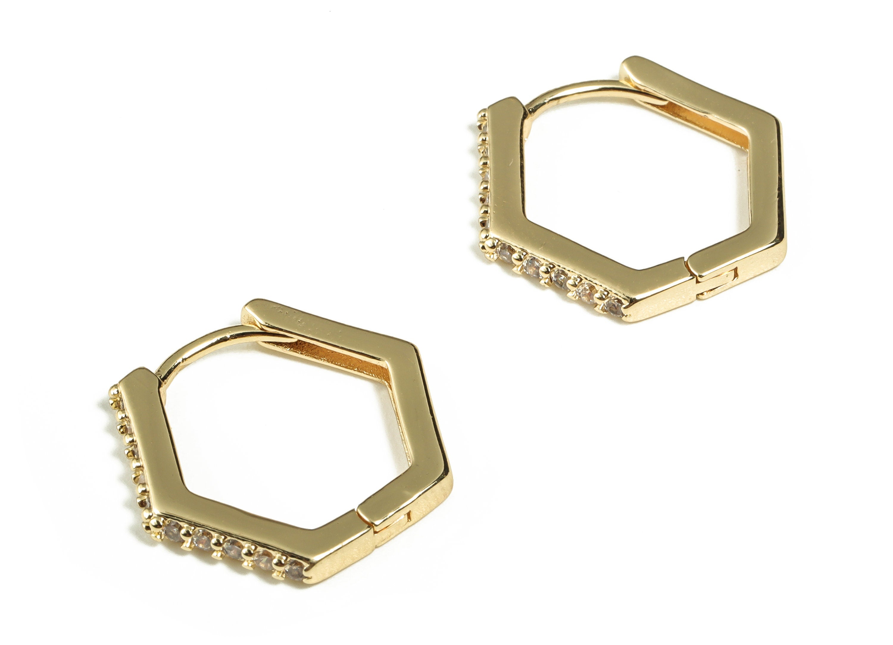 Brass Hexagon Hoop Earrings - Brass Studs Earrings - Geometric Earrings with Zircon - 18K Real Gold Plated Brass -17.36x15.62x2.1mm- RGP3206 - DOMEDBAZAAR