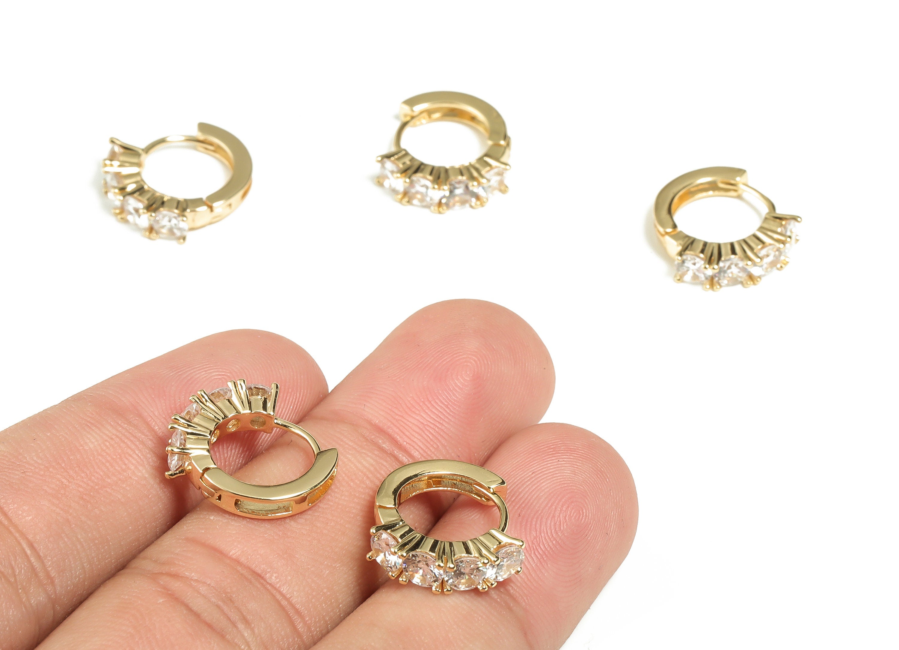 Brass Zircon Gold Earring Stud – Dainty Round Huggie Hoop Earrings - 18K Real Gold Plated Brass Earrings - 15.81× 14.18 ×3.65mm - RGP3198 - DOMEDBAZAAR