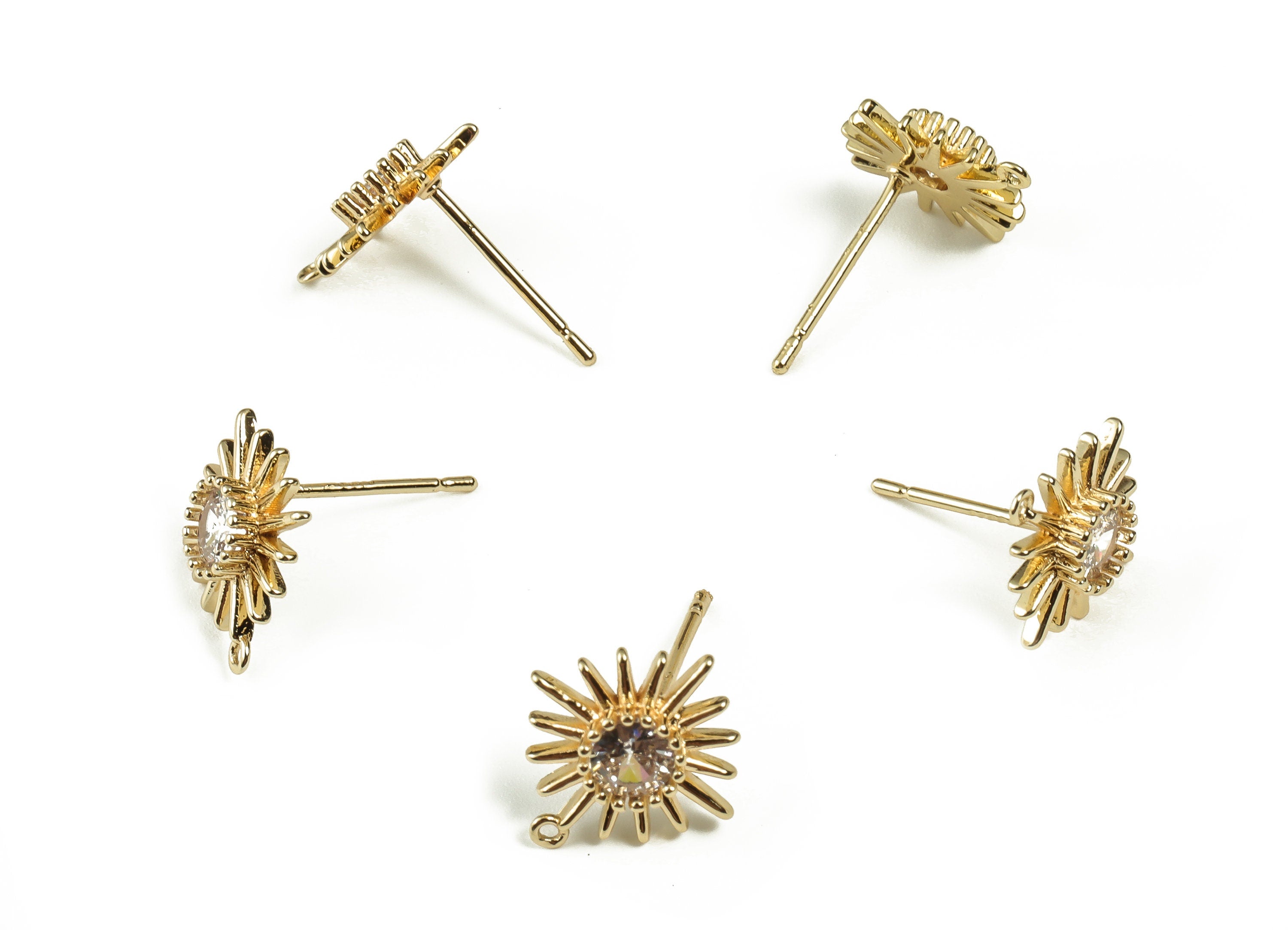 Brass Starburst Stud Earrings with Zircon - 18K Real Gold Plated Brass Stud Earrings - Jewelry Making Supplies -12.57x11.82x2.64mm - RGP3280 - DOMEDBAZAAR