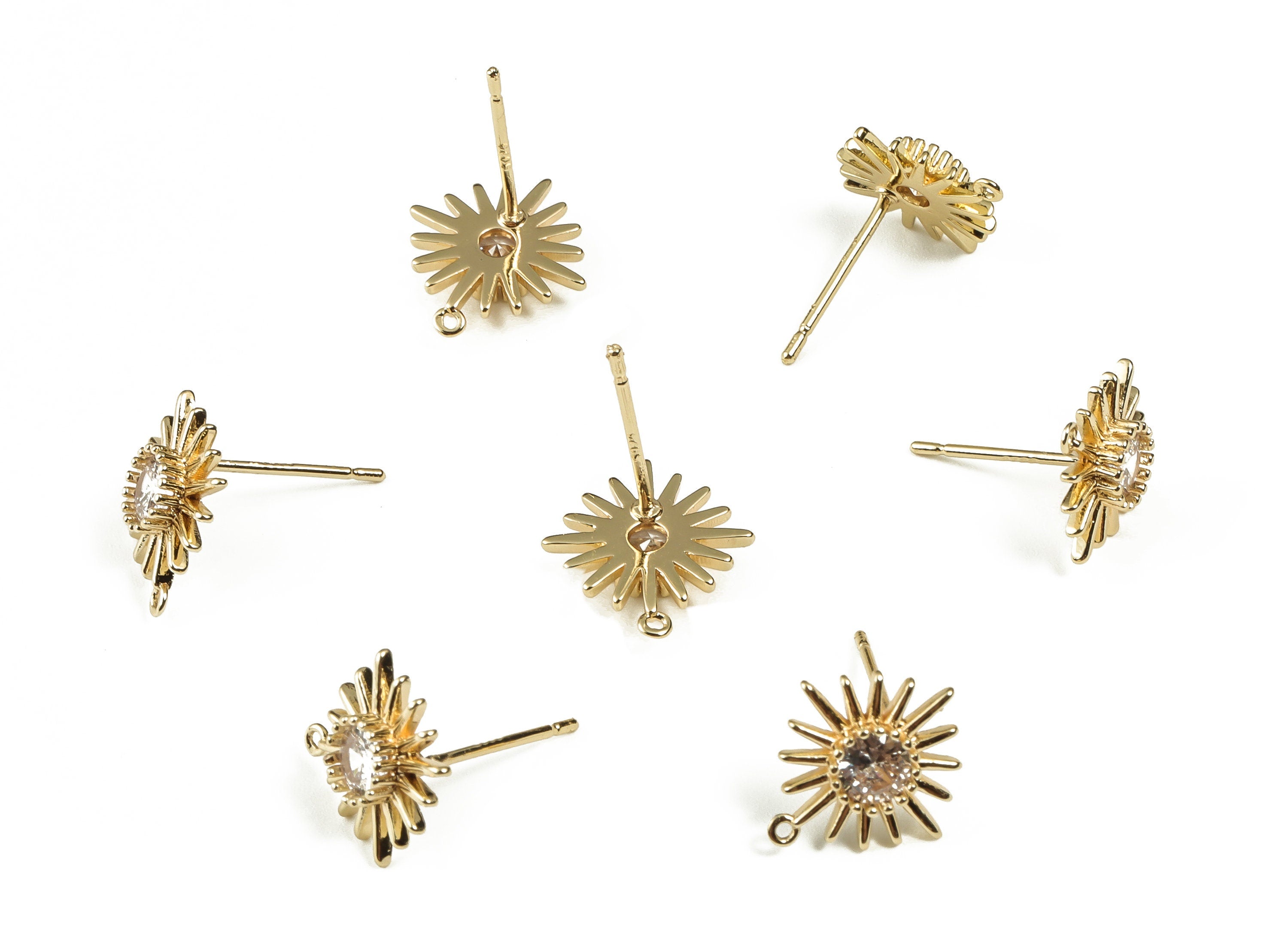 Brass Starburst Stud Earrings with Zircon - 18K Real Gold Plated Brass Stud Earrings - Jewelry Making Supplies -12.57x11.82x2.64mm - RGP3280 - DOMEDBAZAAR