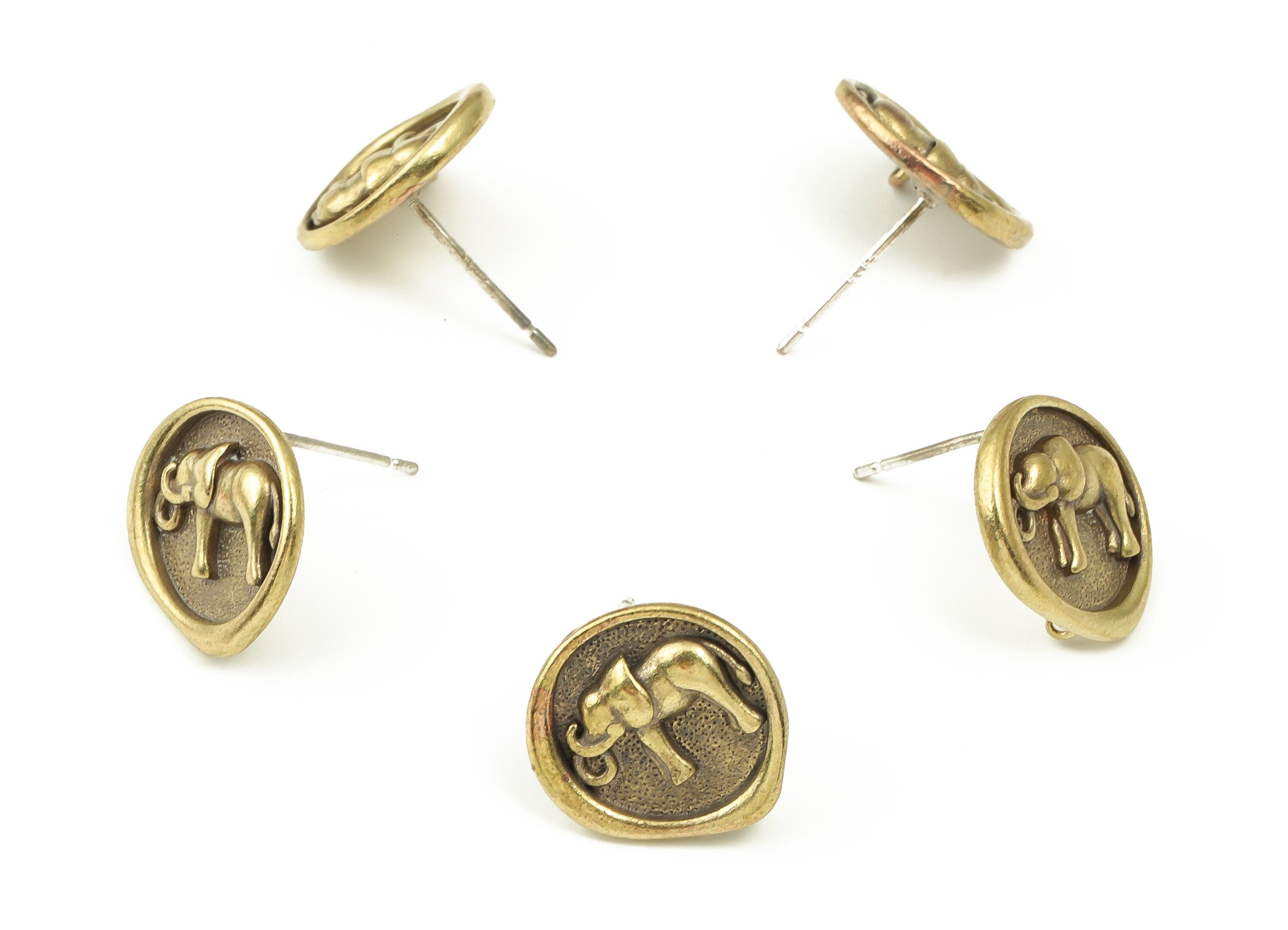 Brass Round Earring Stud - Raw Brass Elephant Earring Post - Silver Stud - Jewelry Making Supplies - 13.76x13.7x2.15mm - PP4491 - DOMEDBAZAAR