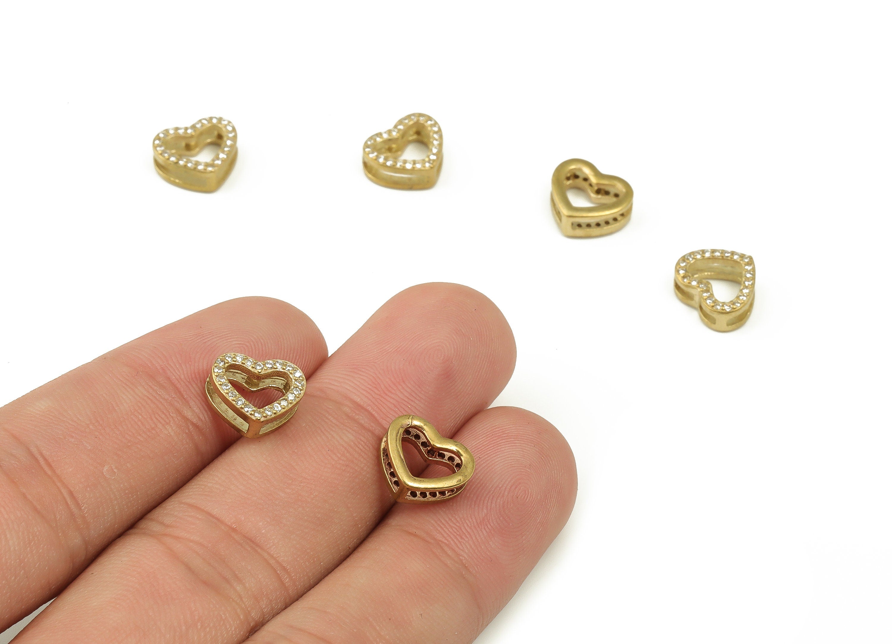 Brass Heart Charms with Zircons - Brass Heart Spacer Bead - Raw Brass Heart Pendant - Jewelry Making Supplies - 8.87x10.42x4.09mm - PP4496 - DOMEDBAZAAR