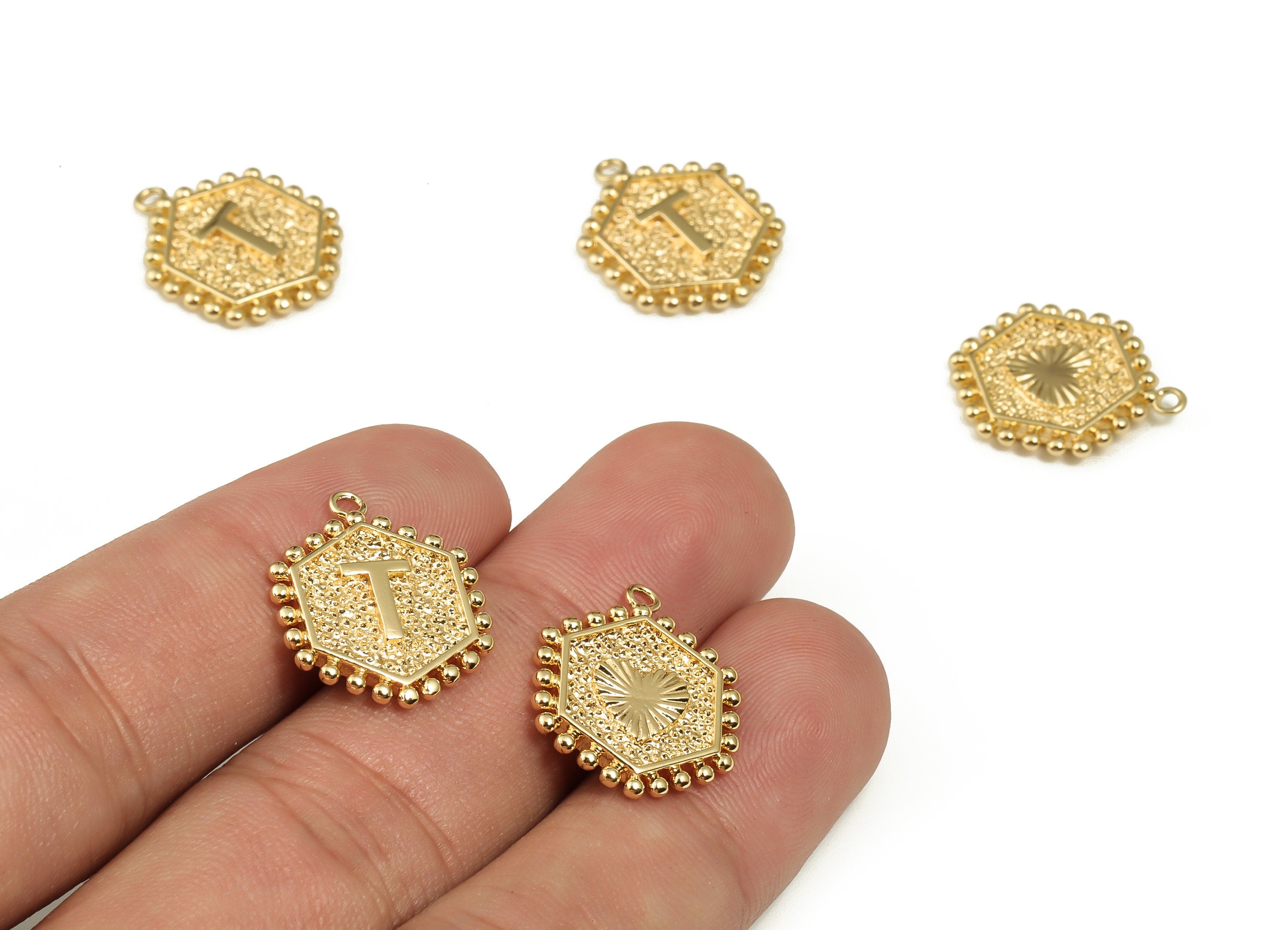 Brass Hexagon Letter T Charms - Alphabet Pendant Charm - 18K Shiny Gold Plated Initial Charm- Jewelry Supplies -19.49x16.1x2.4mm- RGP3775T - DOMEDBAZAAR