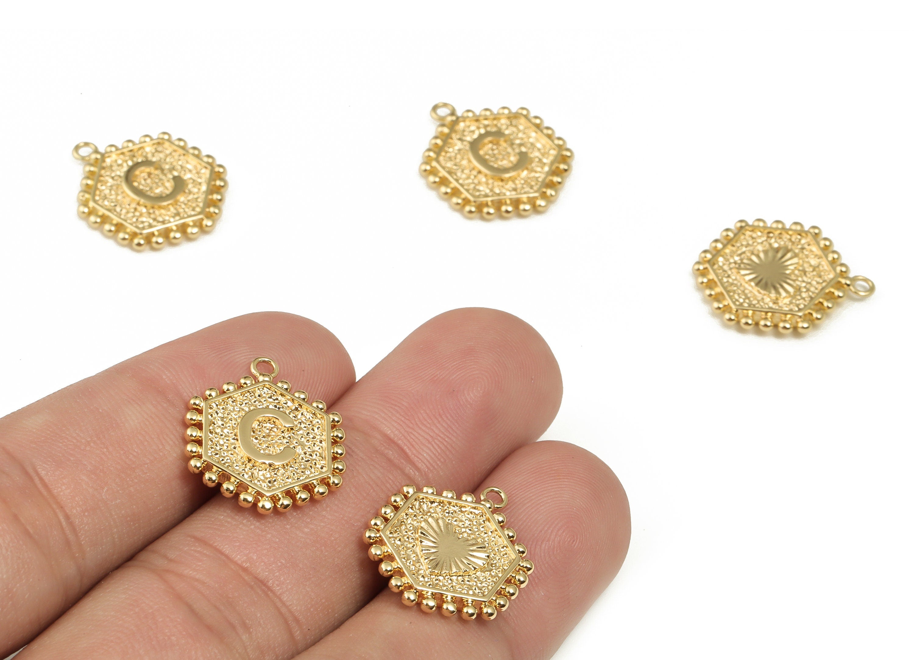 Brass Hexagon Letter C Charms - Alphabet Pendant Charm - 18K Shiny Gold Plated Initial Charm - Jewelry Supplies -19.42x15.9x2.4mm- RGP3775C - DOMEDBAZAAR