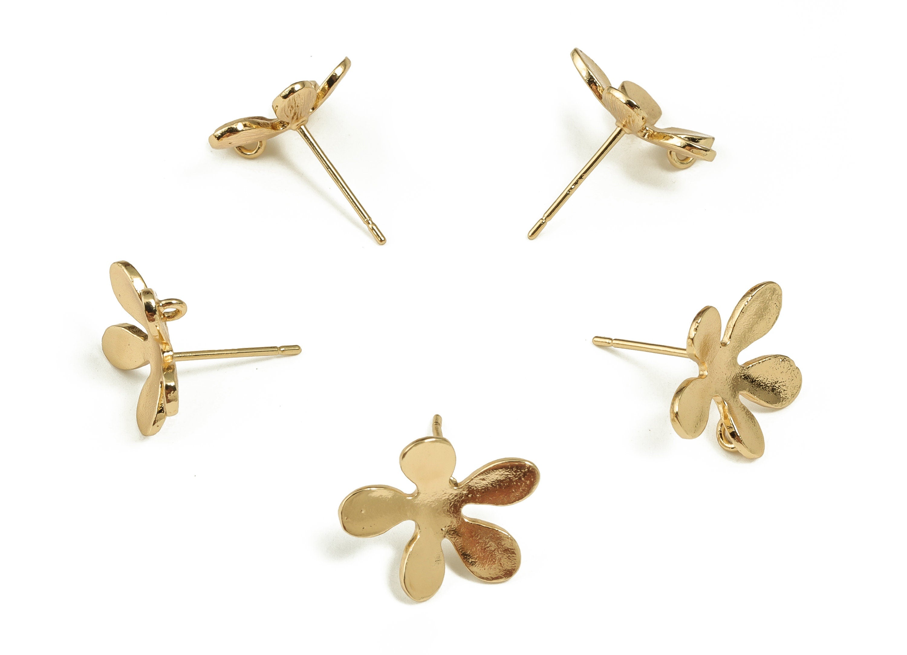 Brass Flower Earring Post - Gold Flower Earring Stud - 18K Real Gold Plated Brass - Stainless Steel Stud - 14.16x12.94x1.45mm - RGP3991 - DOMEDBAZAAR