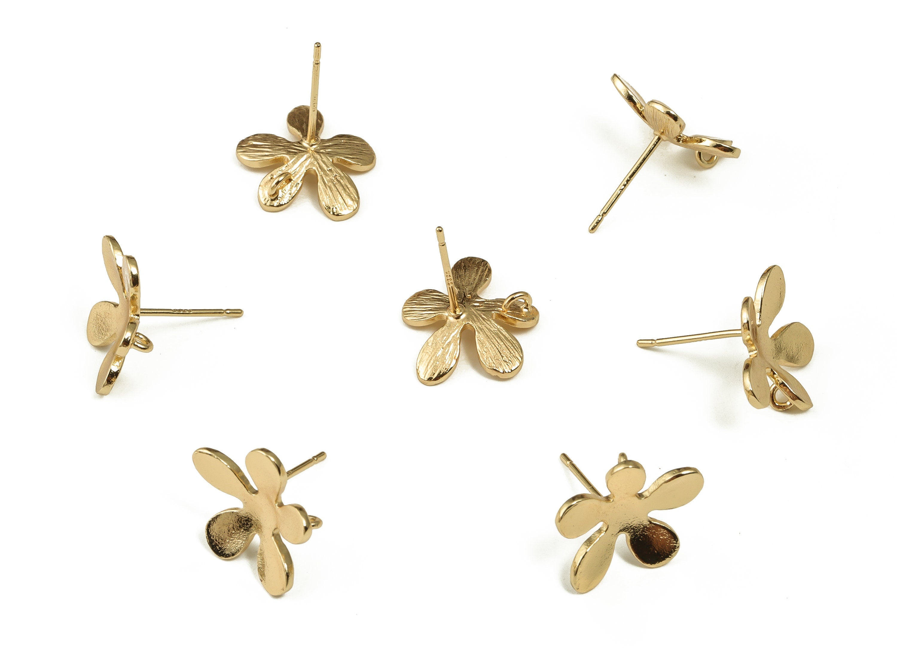 Brass Flower Earring Post - Gold Flower Earring Stud - 18K Real Gold Plated Brass - Stainless Steel Stud - 14.16x12.94x1.45mm - RGP3991 - DOMEDBAZAAR