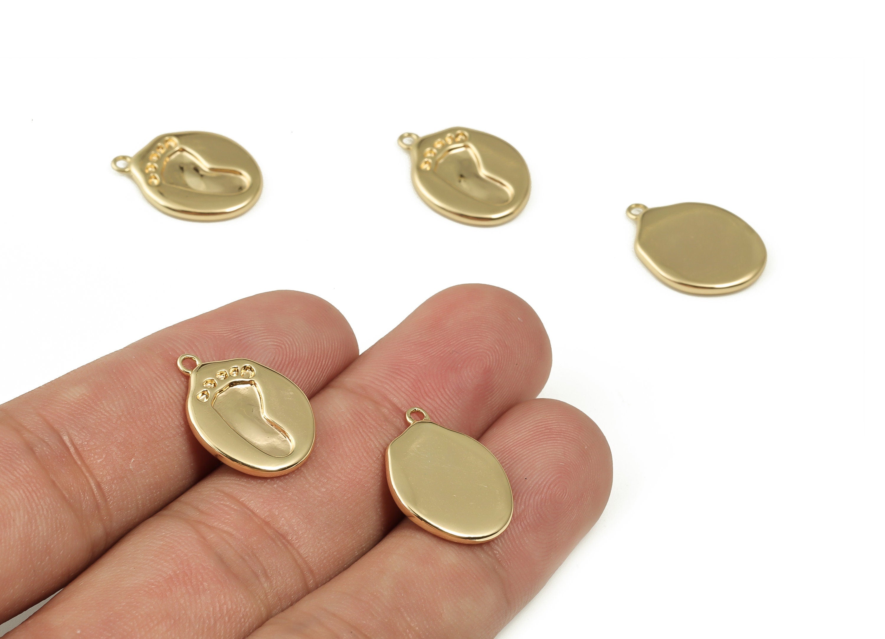 Brass Round Earring Charms - Gold Footprint Pendant - 18K Real Gold Plated Brass - Jewelry Making Supplies - 18.39x13.96x1.87mm - RGP3978 - DOMEDBAZAAR