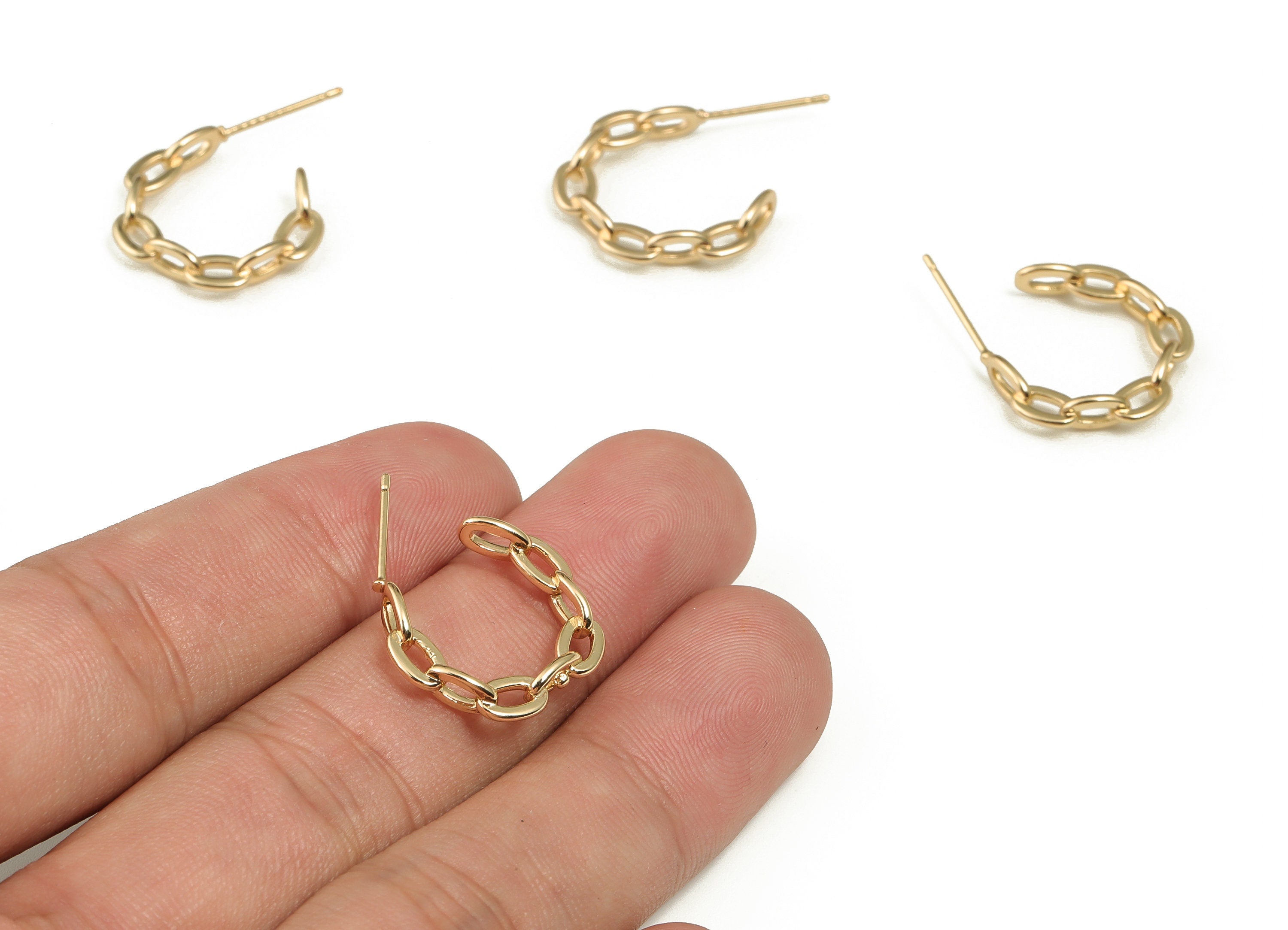 Brass Cable Chain C Earring Stud - Gold C Earring Post - Brass Stud - 18K Real Gold Plated Brass - 17.87x17.77x4.03mm - RGP3645 - DOMEDBAZAAR