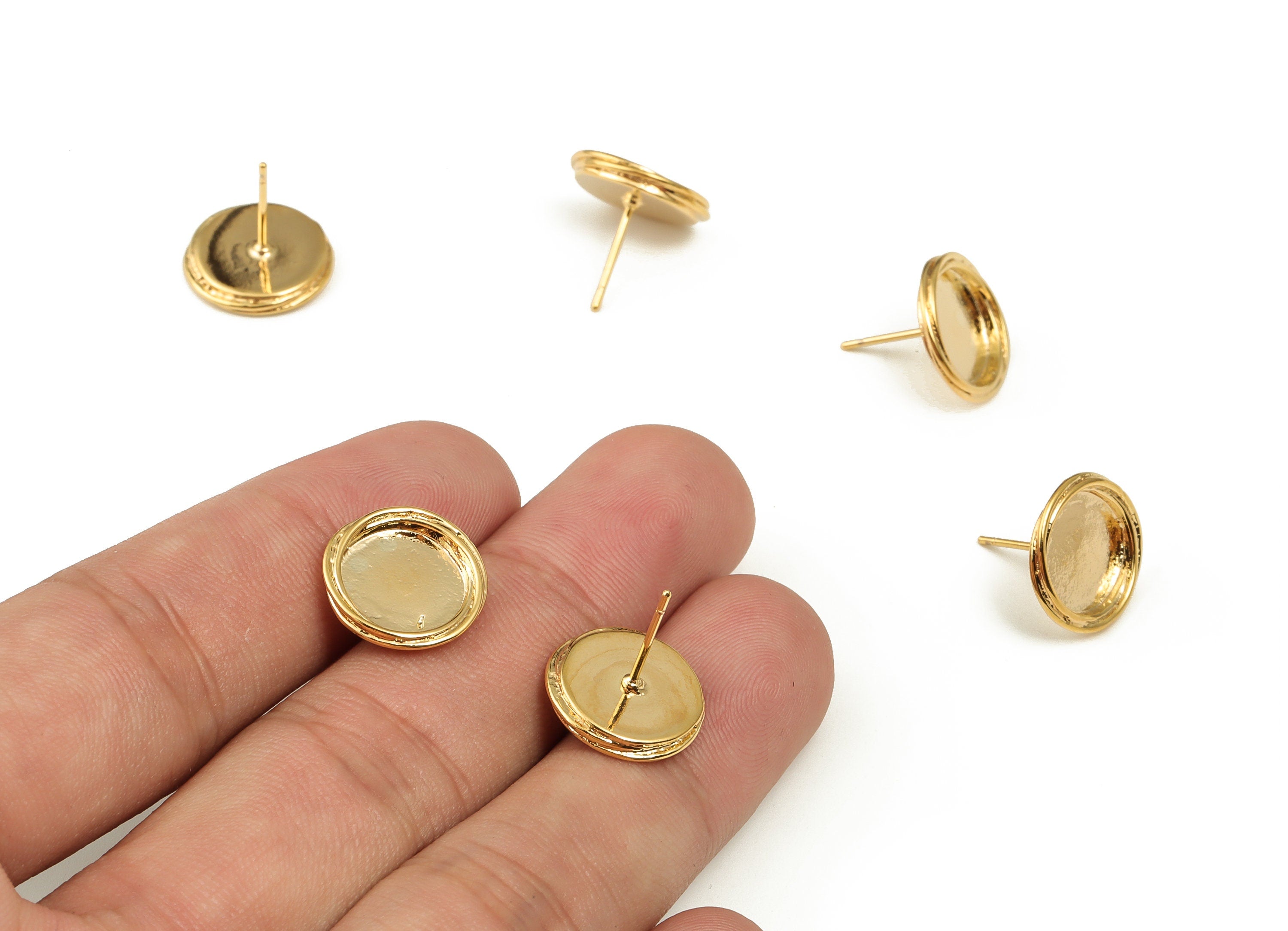Brass Round Earring Post - Gold Circle Earring Stud - 18K Real Gold Plated Brass - Brass Stud - Jewelry Supplies - 14.2x14.1x2.7mm - RGP3644 - DOMEDBAZAAR