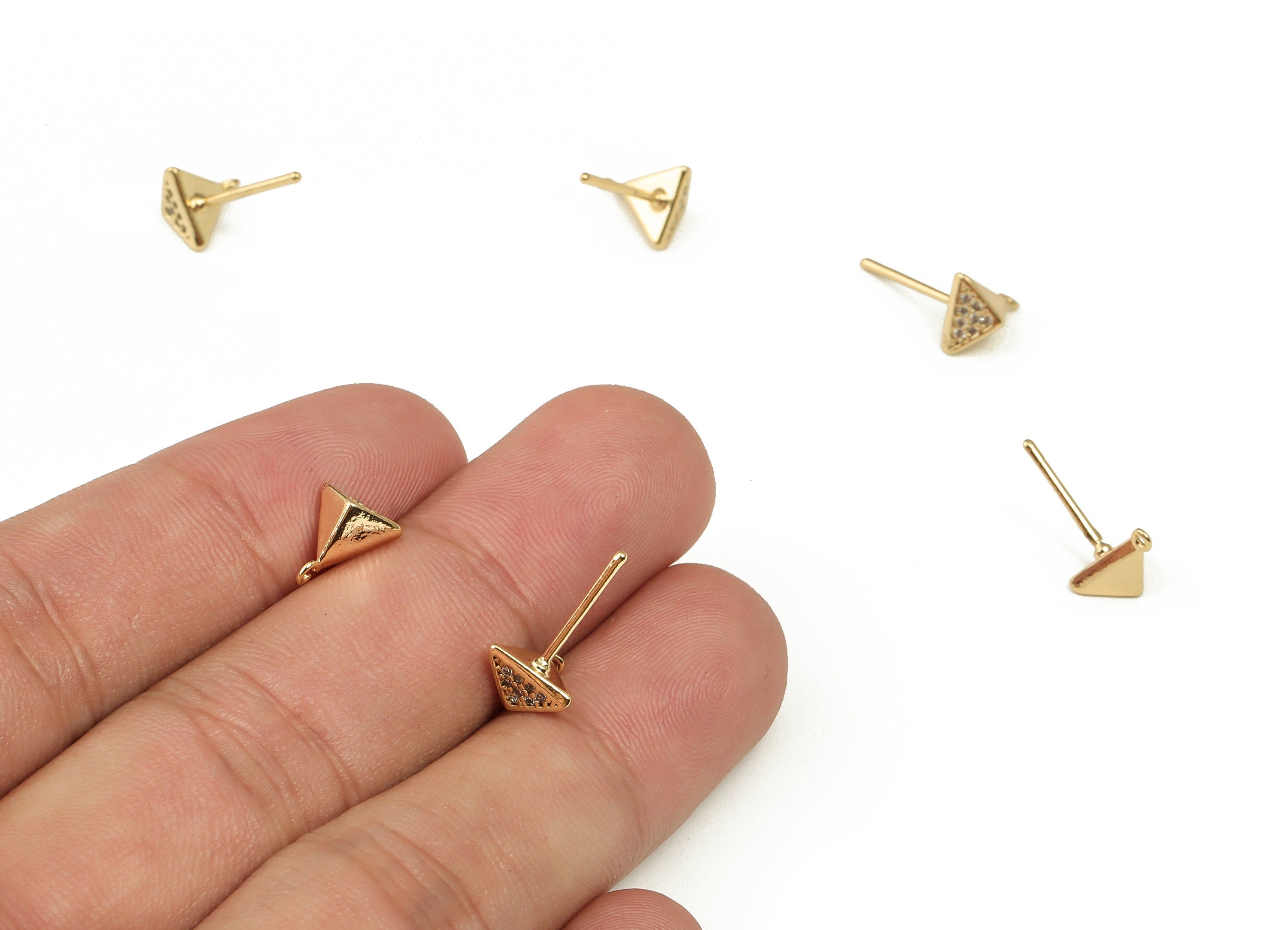 Brass Triangle Earring Post With Zircons - Gold Triangle Earring Stud - 18K Real Gold Plated Brass - Brass Stud - 8.64x7.5x4.96mm - RGP3651 - DOMEDBAZAAR