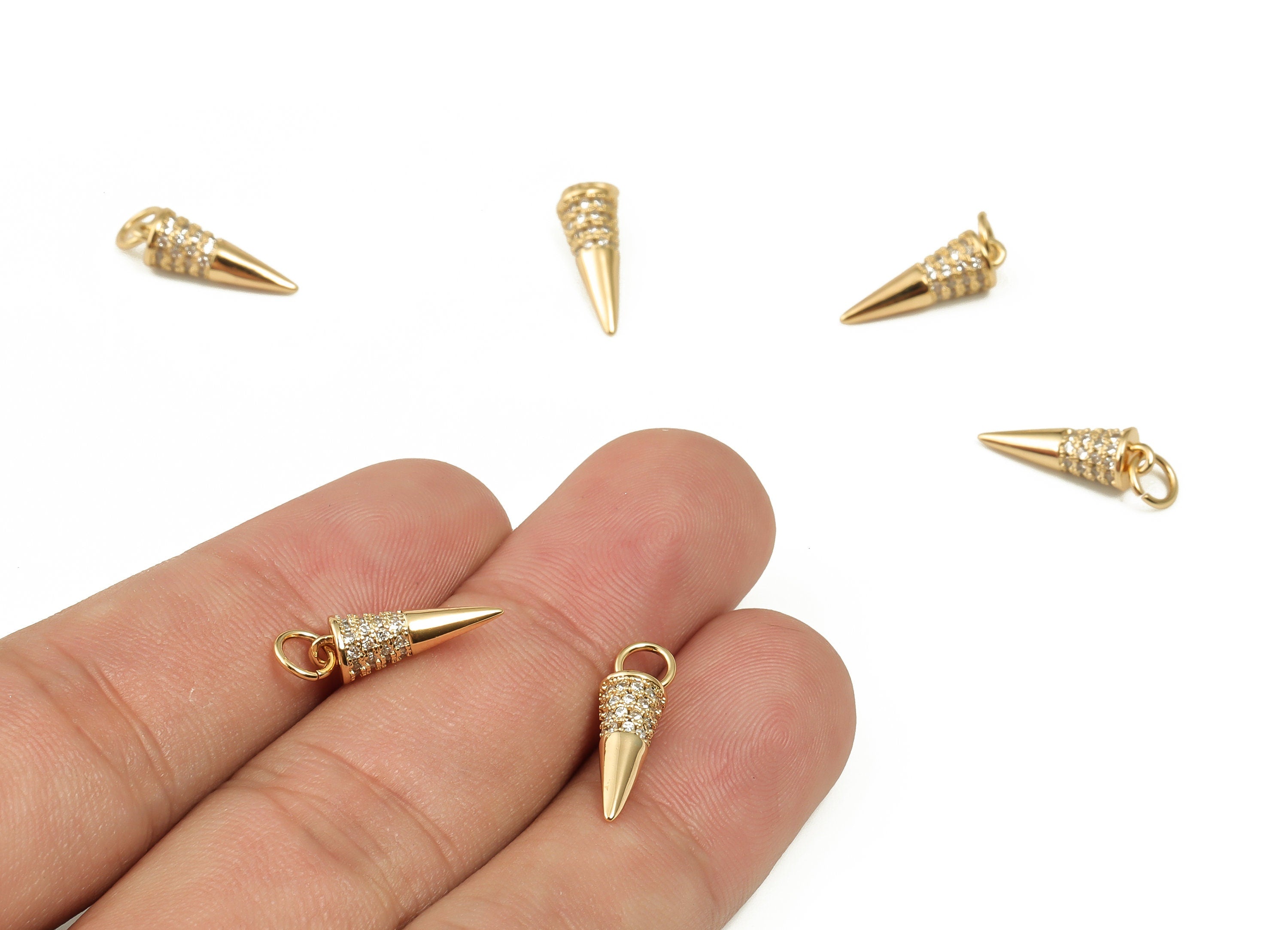 Brass Cone Earring Charms With Zircons - Gold Cone Pendant - 18K Real Gold Plated Brass - Jewelry Making Supplies - 18.4x5.2x5.2mm - RGP4007 - DOMEDBAZAAR